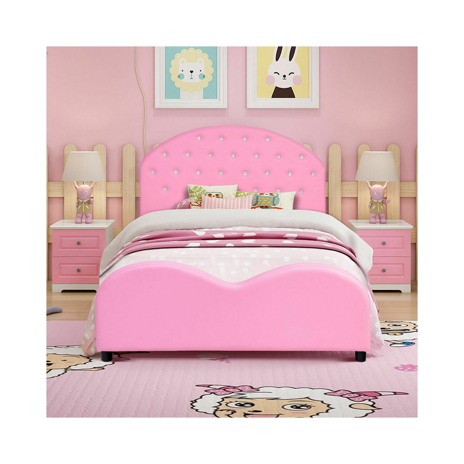 Lit de princesse rembourré en polyuréthane pour enfants – Cadre plateforme en bois, lit simple