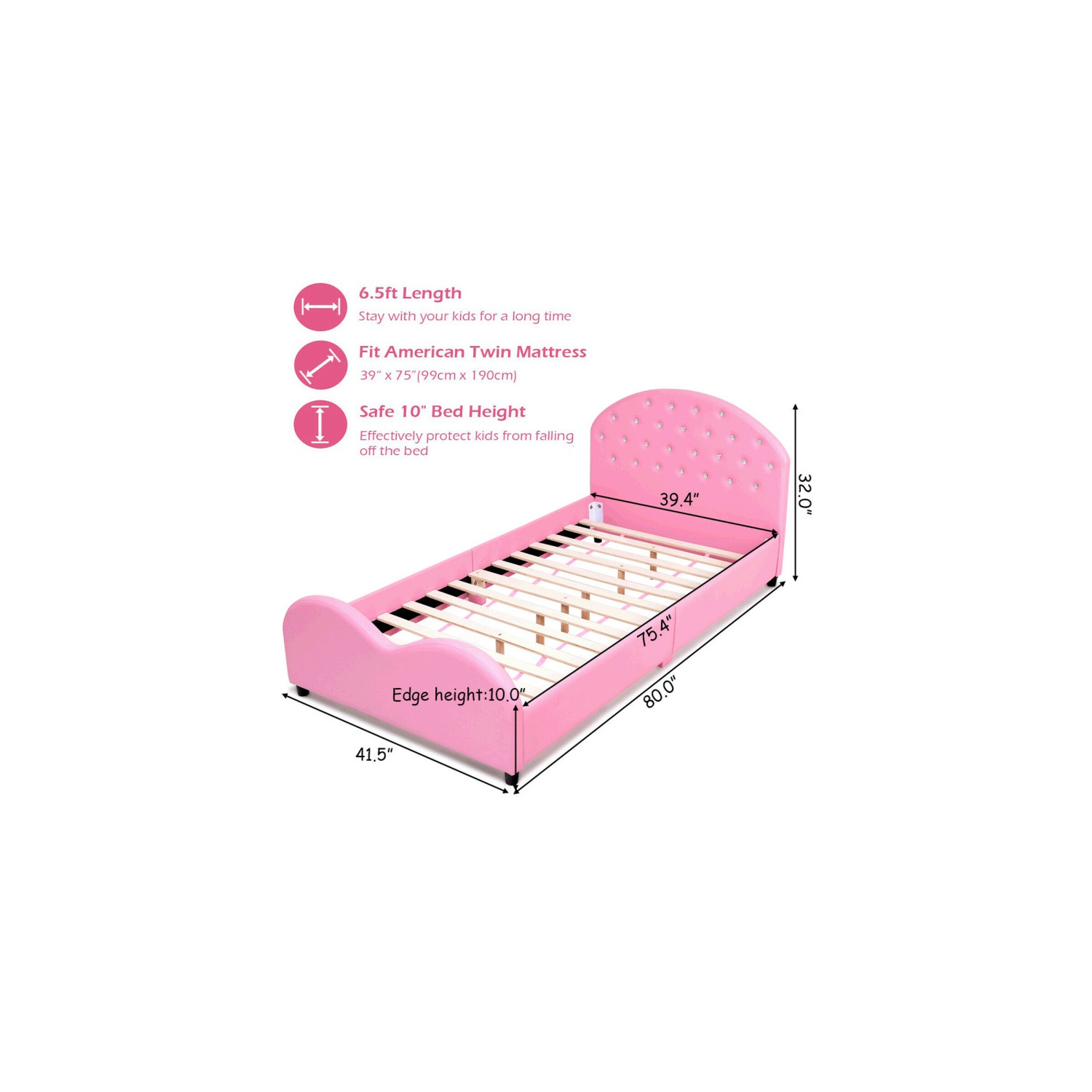 Lit de princesse rembourré en polyuréthane pour enfants – Cadre plateforme en bois, lit simple