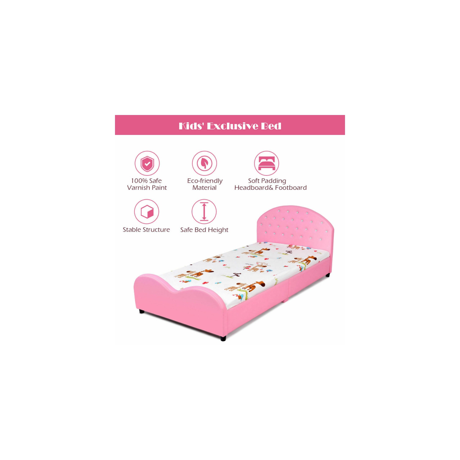 Lit de princesse rembourré en polyuréthane pour enfants – Cadre plateforme en bois, lit simple