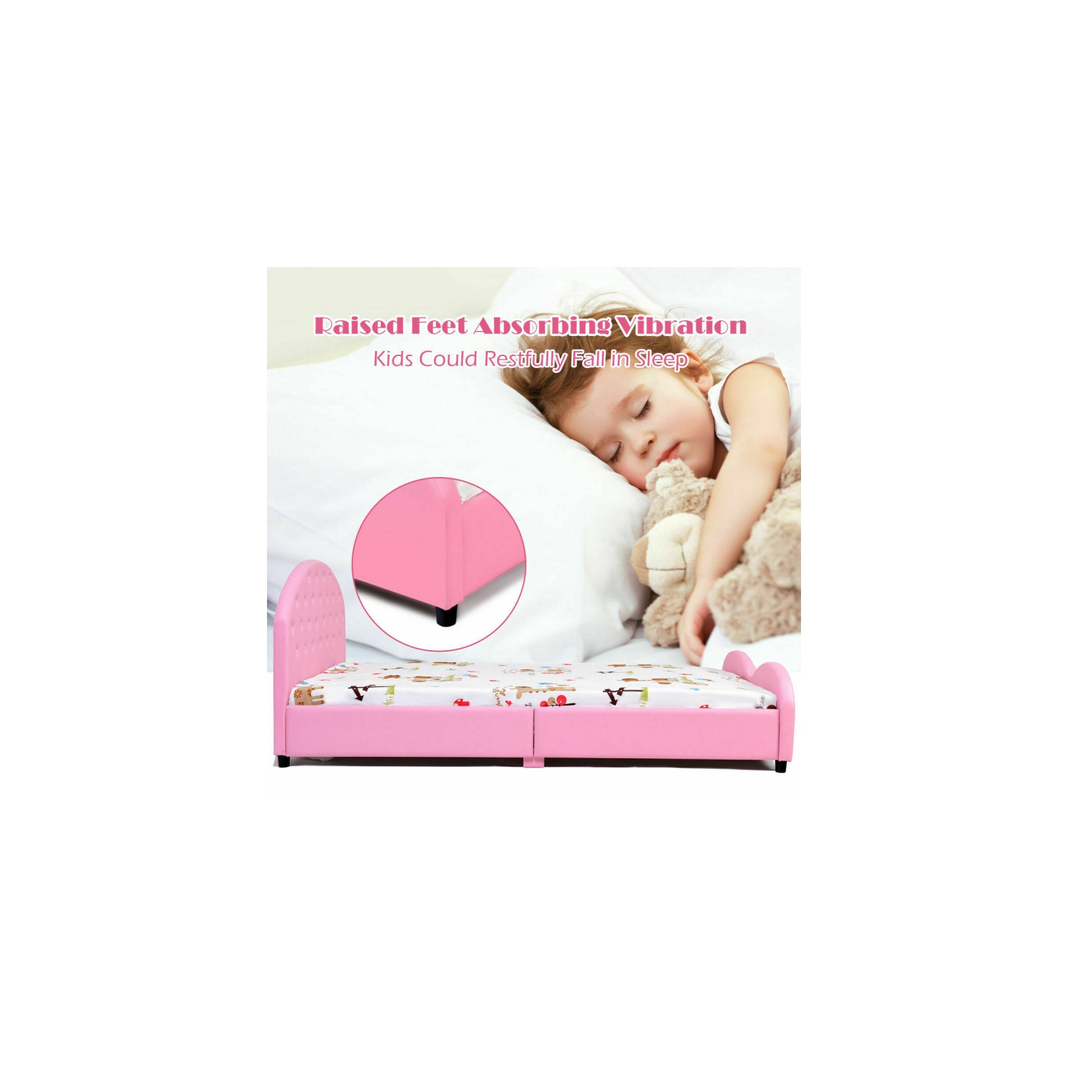 Lit de princesse rembourré en polyuréthane pour enfants – Cadre plateforme en bois, lit simple