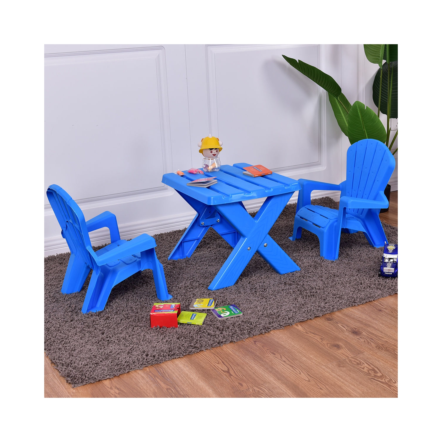 Ensemble de 3 chaises de table en plastique pour enfants - Bleu