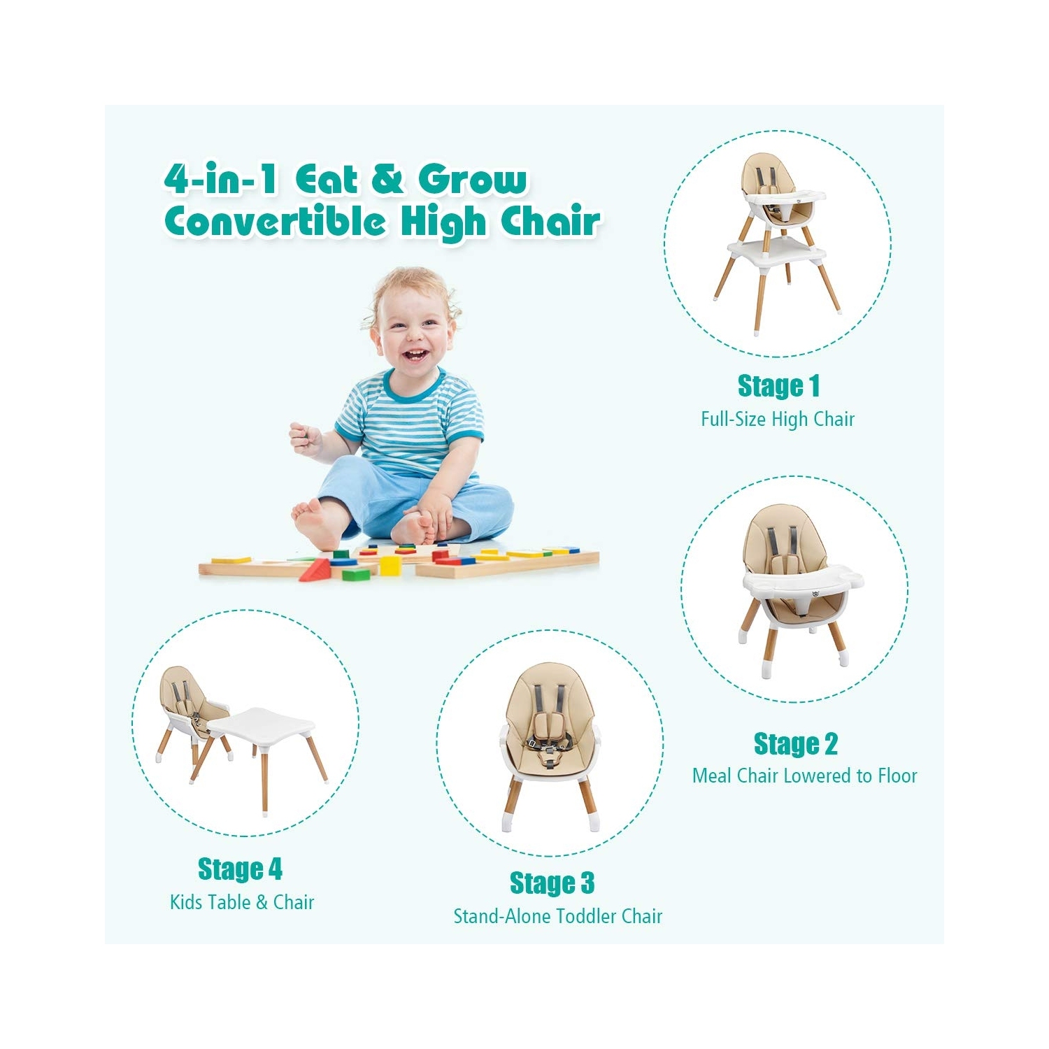 5-in-1 Baby Wooden Convertible High Chair -Khaki