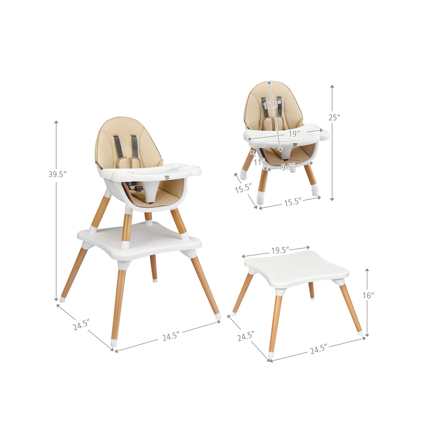 5-in-1 Baby Wooden Convertible High Chair -Khaki