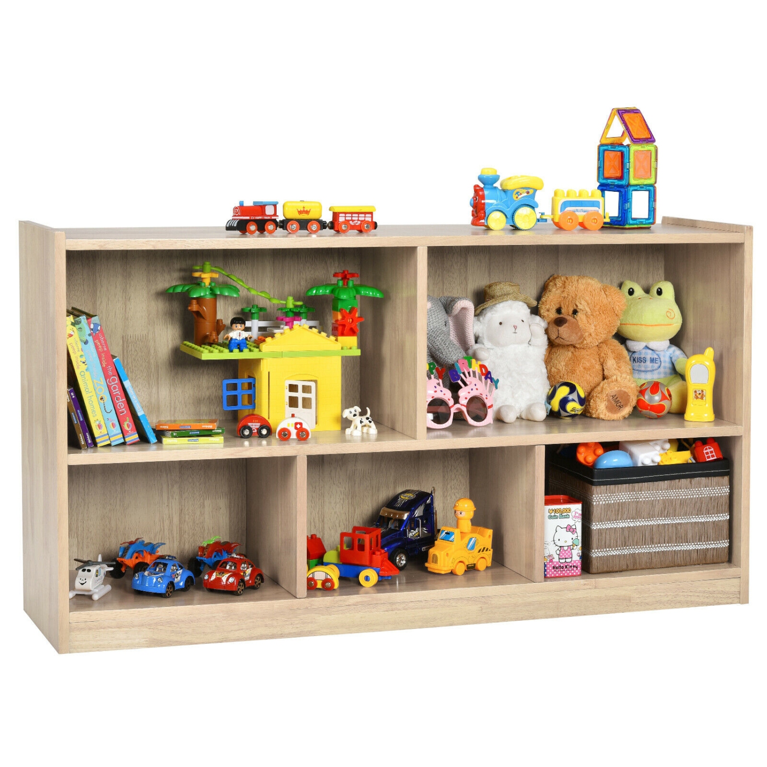 Meuble de rangement pour jouets en bois avec 2 tablettes et 5 cubes de rangement pour livres et jouets