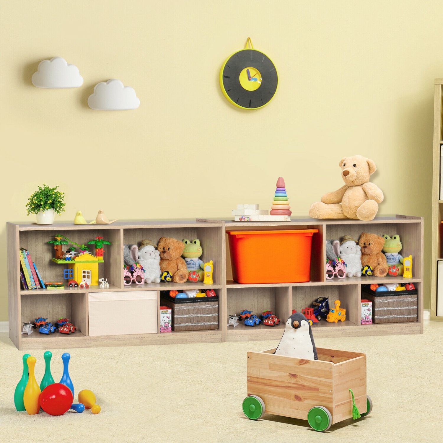 Meuble de rangement pour jouets en bois avec 2 tablettes et 5 cubes de rangement pour livres et jouets