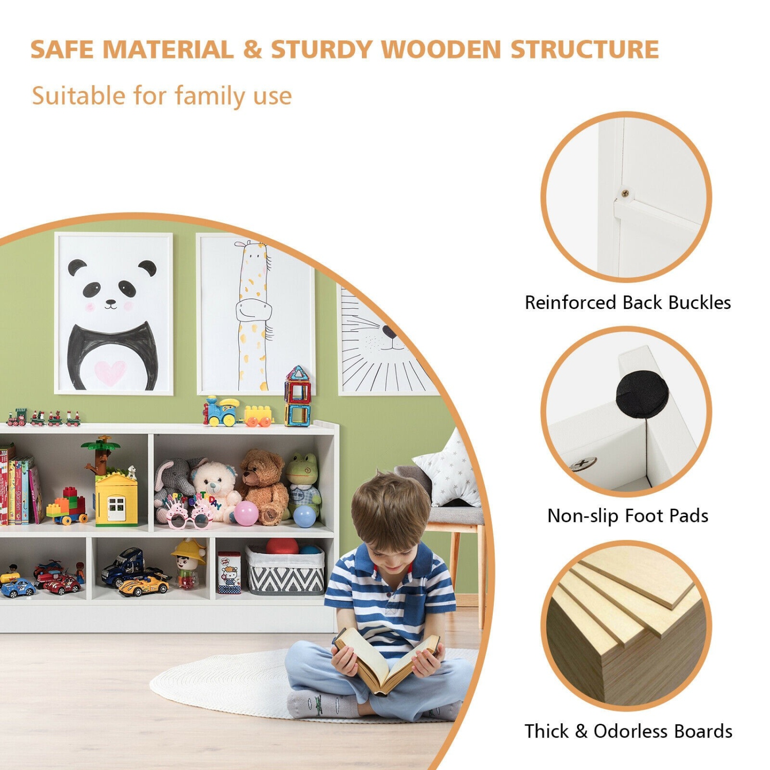 Meuble de rangement pour jouets en bois avec 2 tablettes et 5 cubes de rangement pour livres et jouets