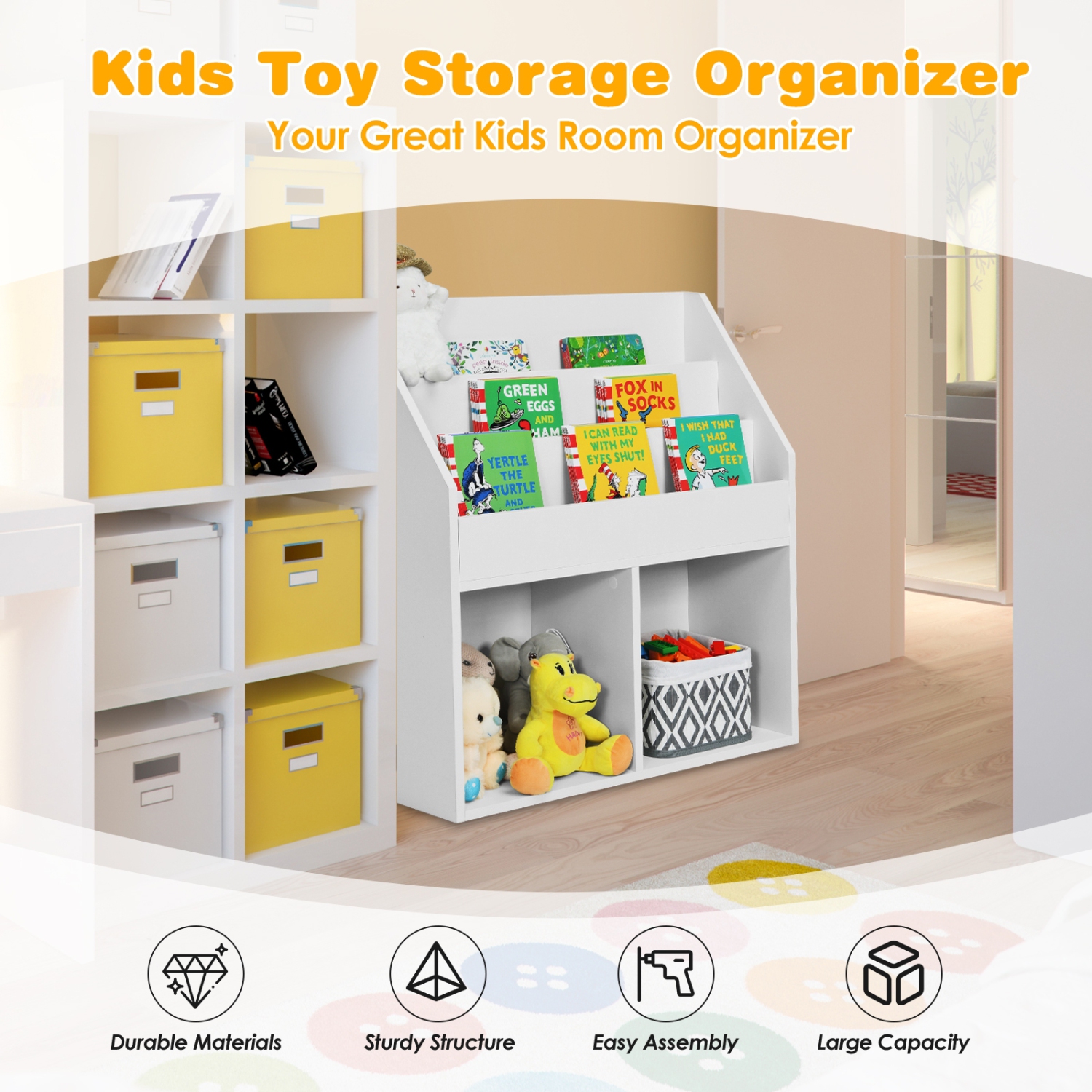 Kids Wooden Bookshelf with Toy Storage Cabinet and Organizer for Playroom
