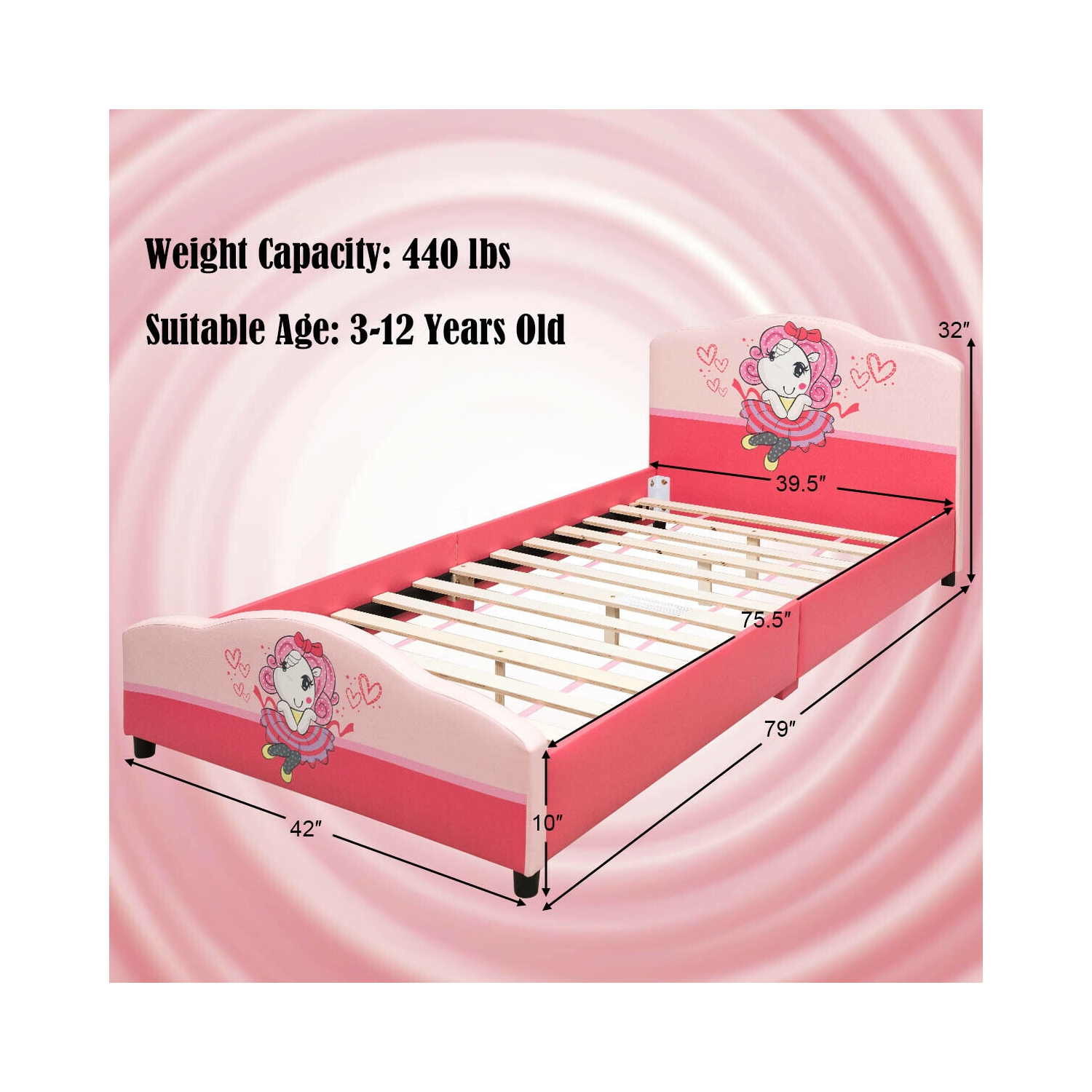 Lit plateforme rembourré pour tout-petits fille à motifs pour enfants