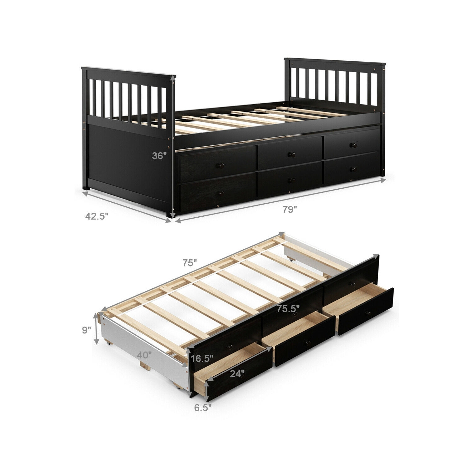 Lit simple avec lit gigogne à tiroirs avec 3 tiroirs de rangement - Expresso