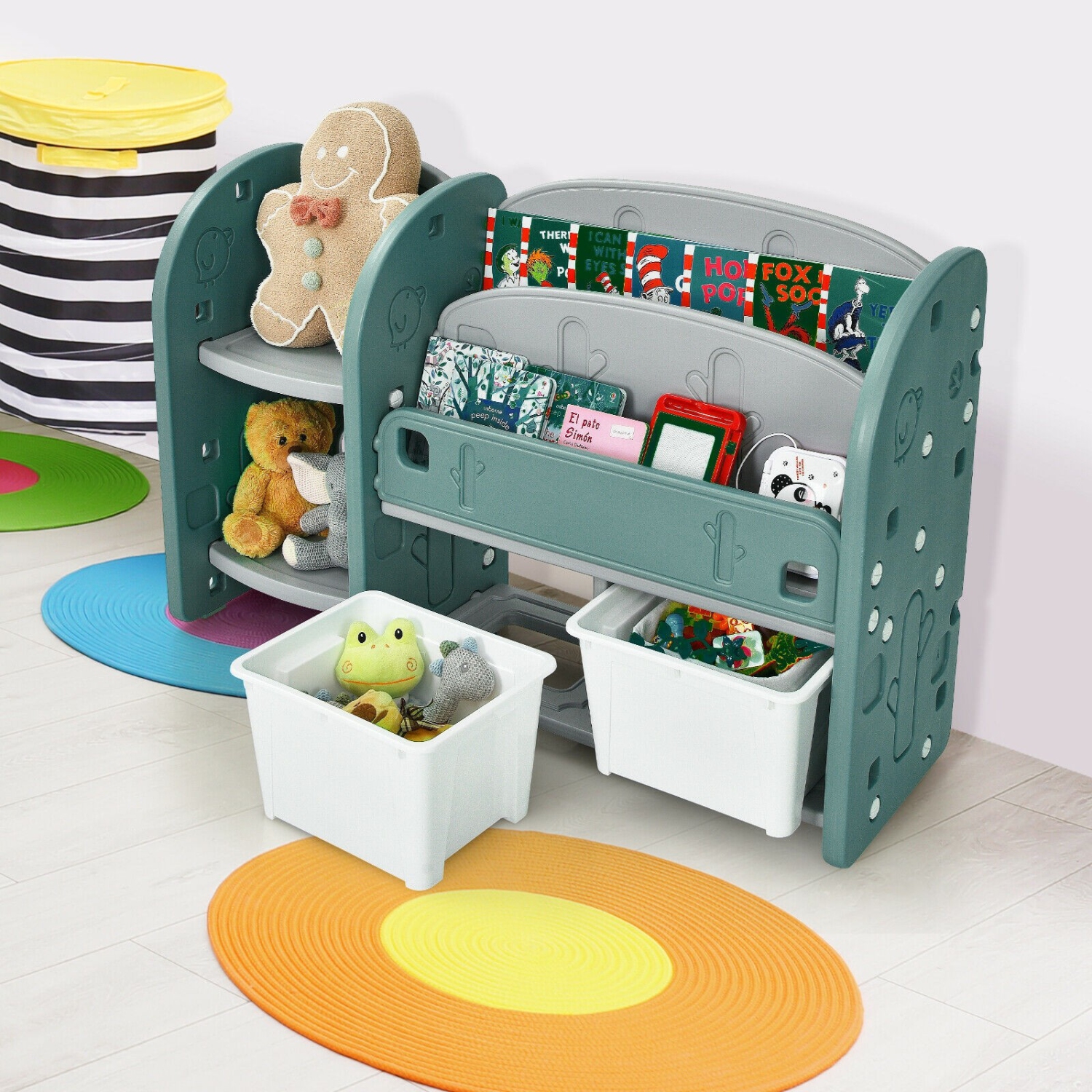 Meuble de rangement pour jouets pour enfants avec étagère à 2 niveaux et bacs en plastique
