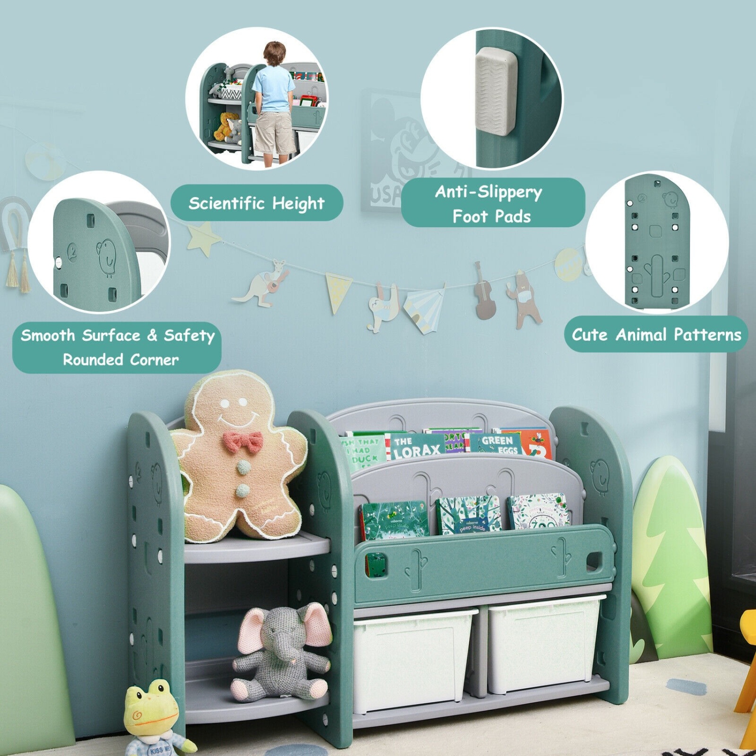 Meuble de rangement pour jouets pour enfants avec étagère à 2 niveaux et bacs en plastique