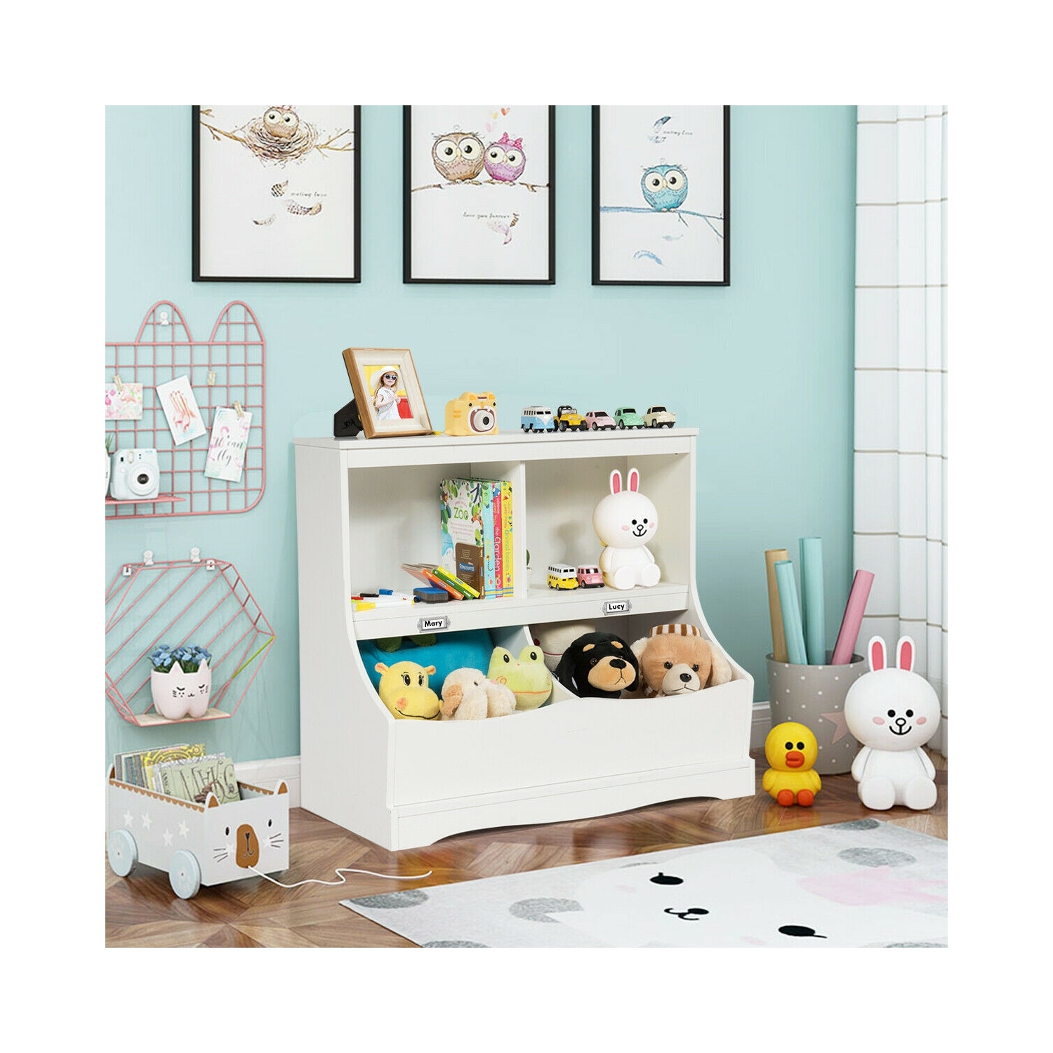 Kids Floor Cabinet Multi-Functional Bookcase -White