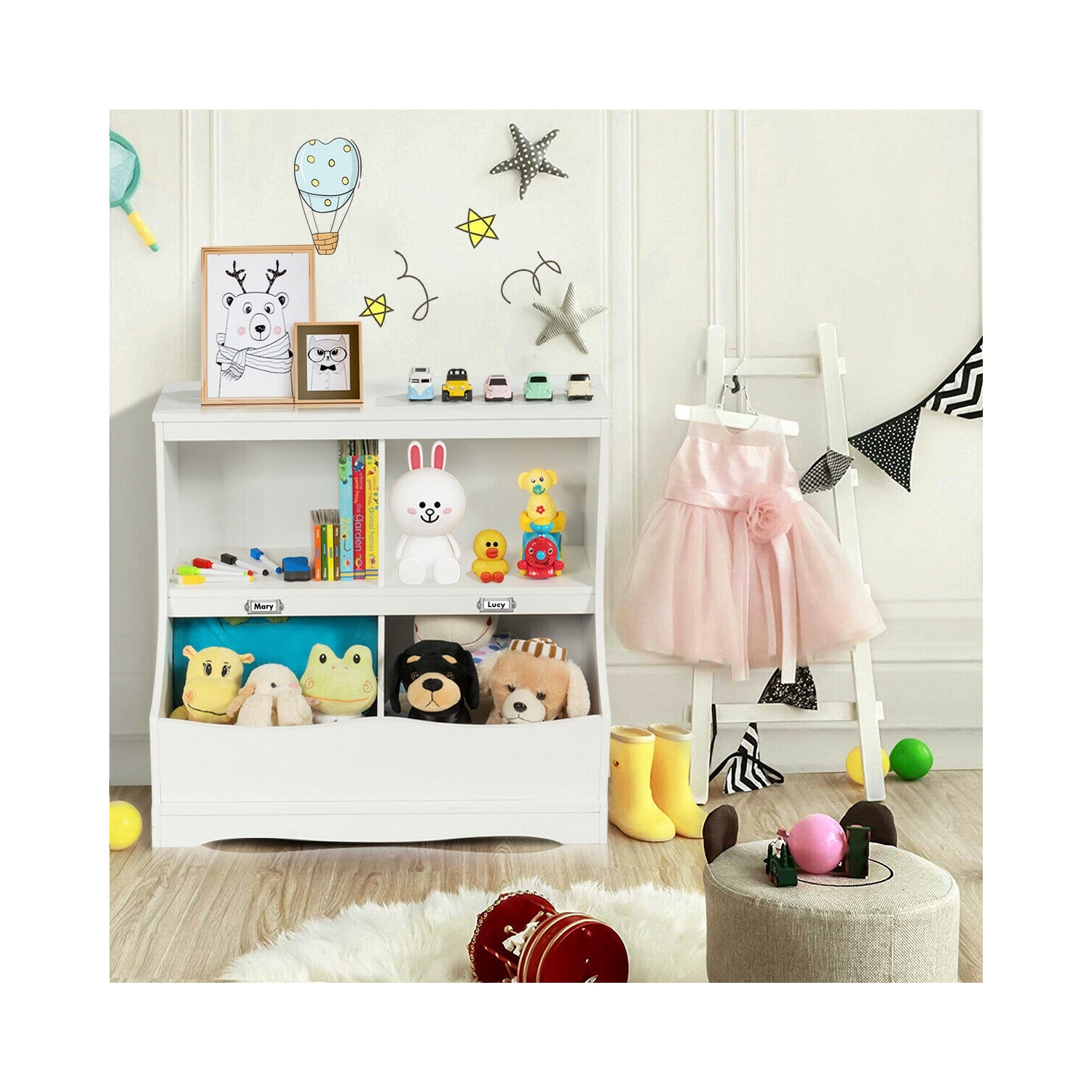 Kids Floor Cabinet Multi-Functional Bookcase -White