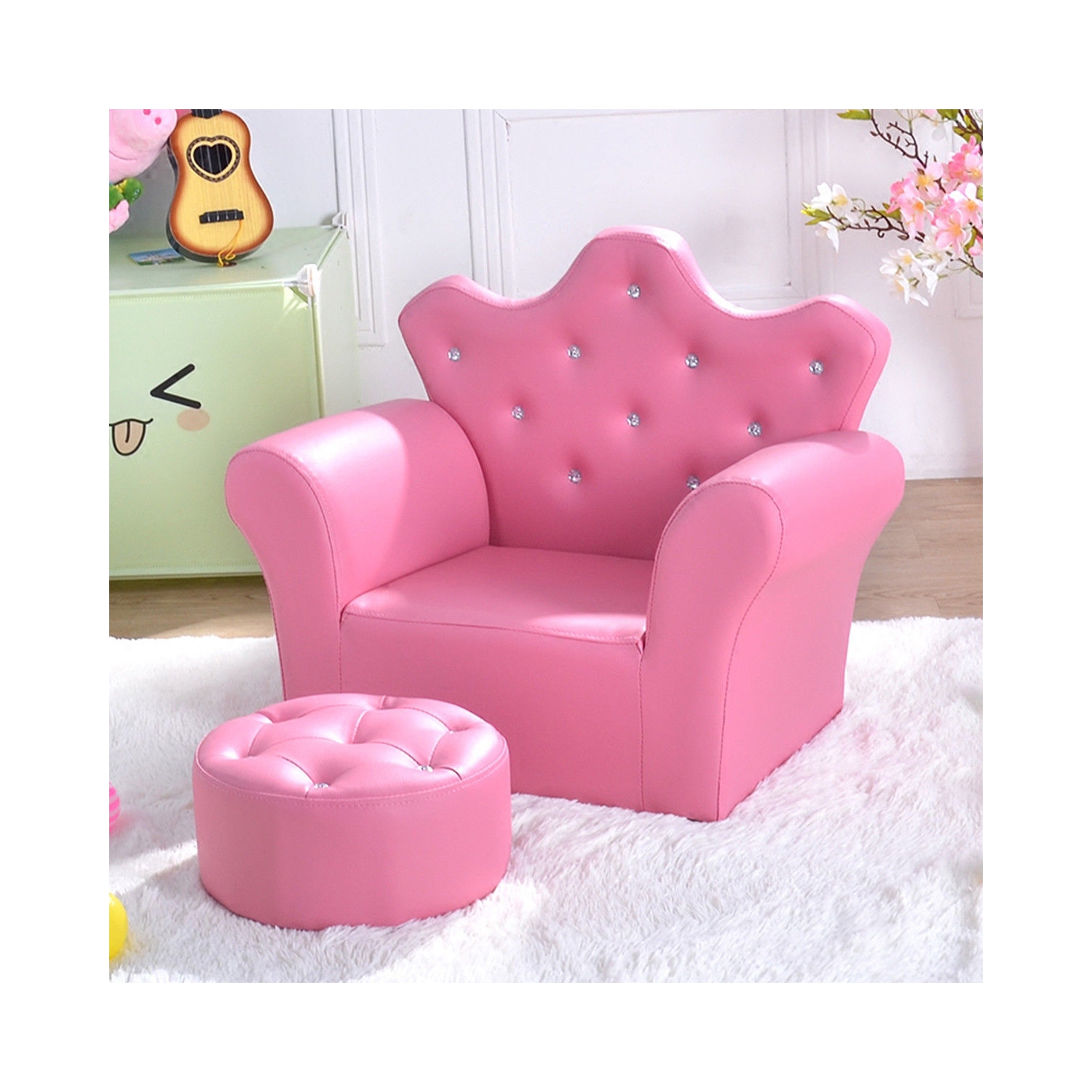 Canapé rembourré pour enfants avec pouf – Décoration diamant et style princesse pour tout-petits