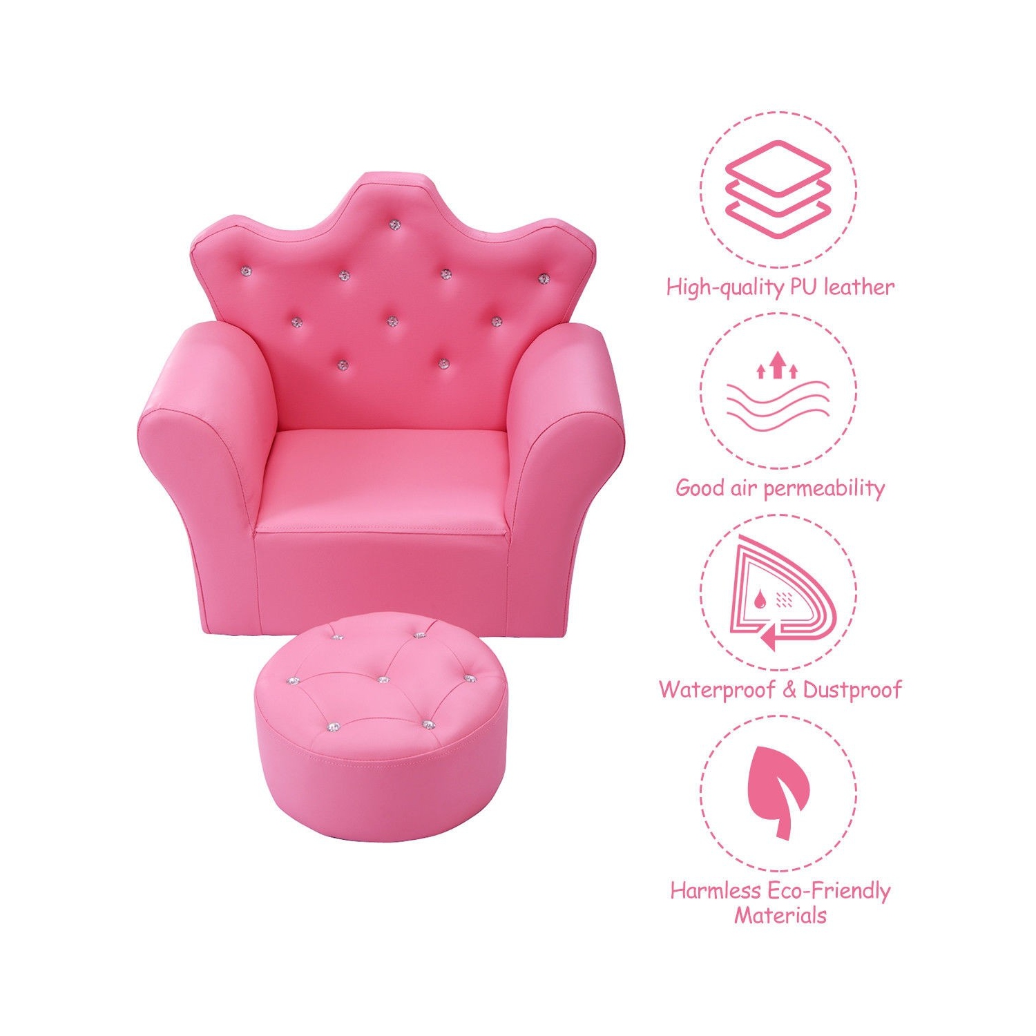 Canapé rembourré pour enfants avec pouf – Décoration diamant et style princesse pour tout-petits