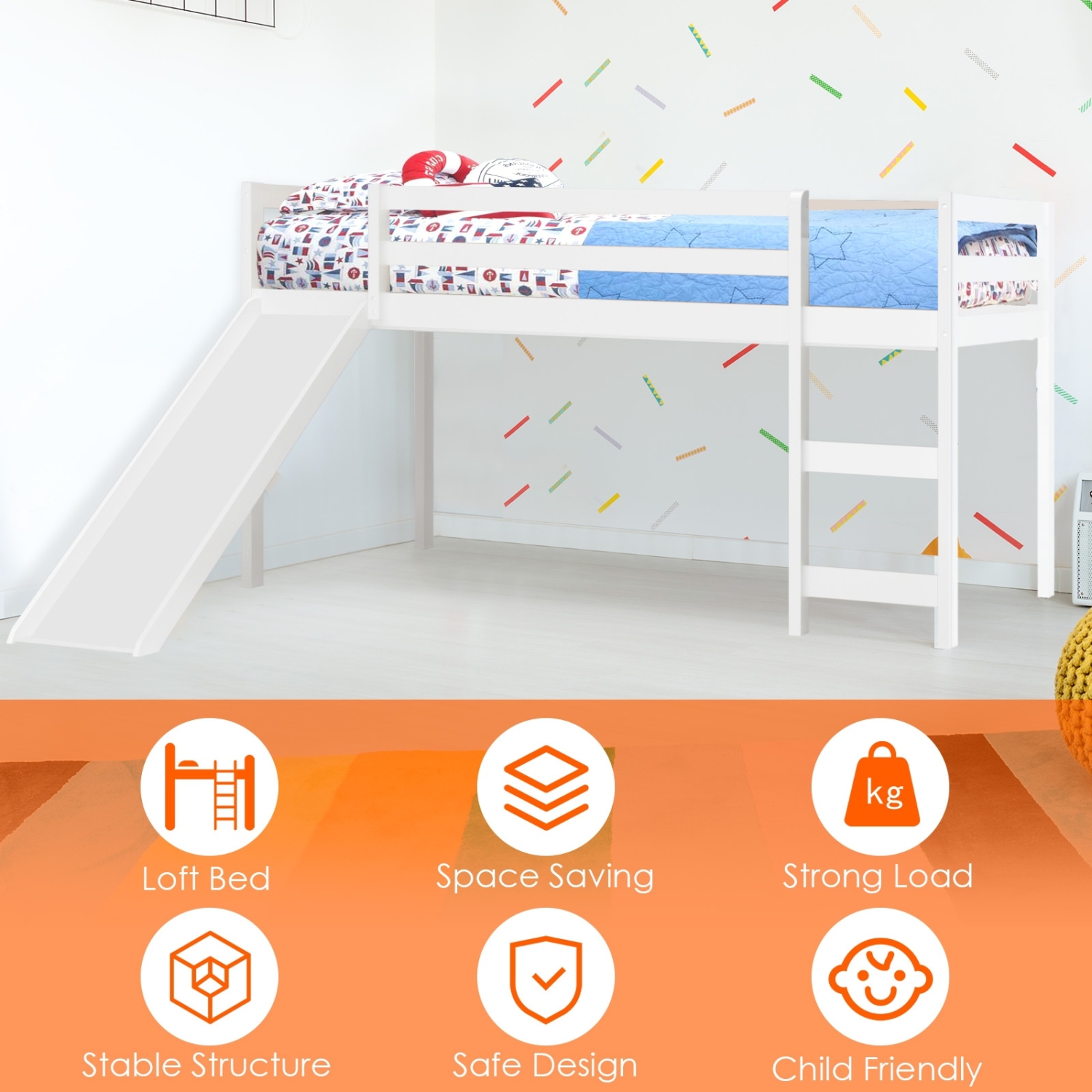 Lit mezzanine simple basse et robuste avec bois coulissant - Blanc