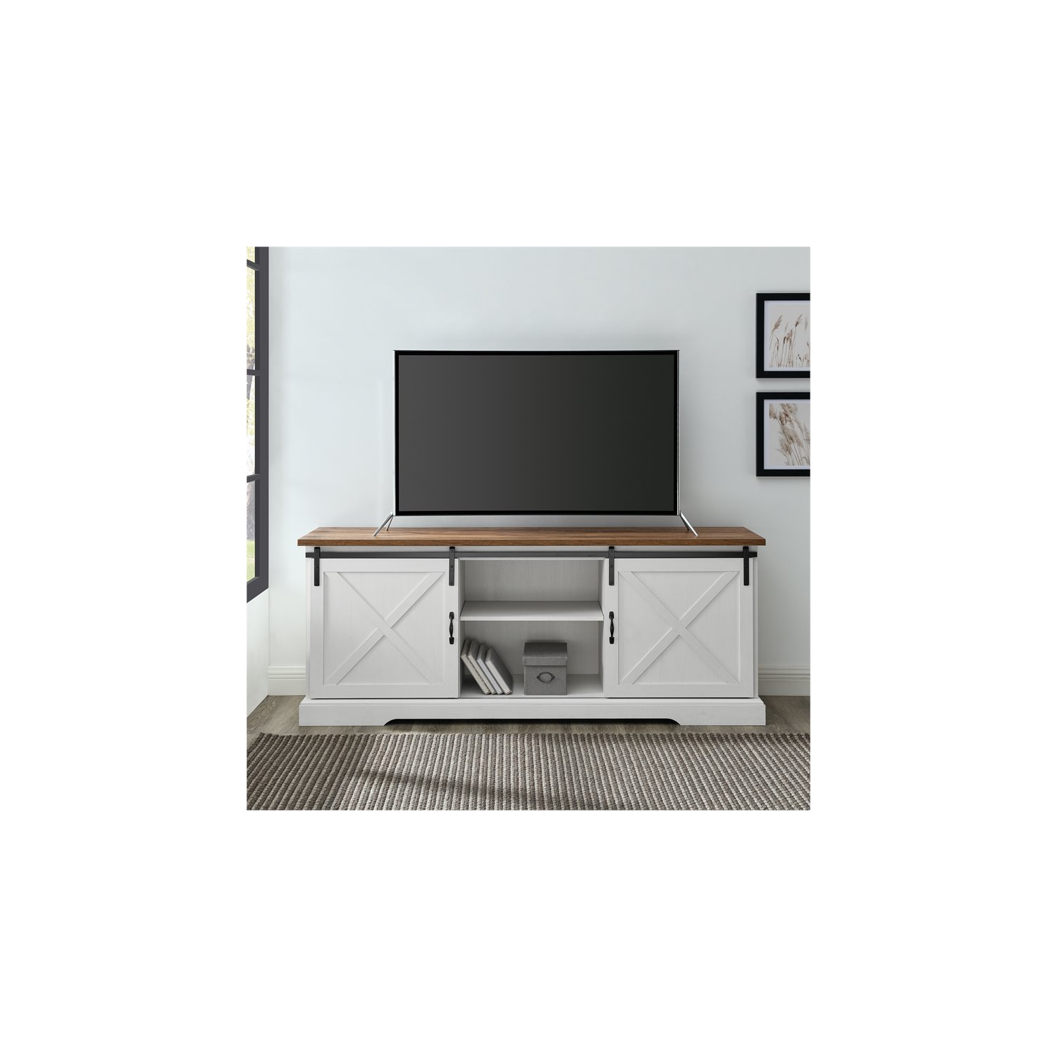 Pemberly Row 70" Sliding Barn Door TV Console in Reclaimed Barnwood