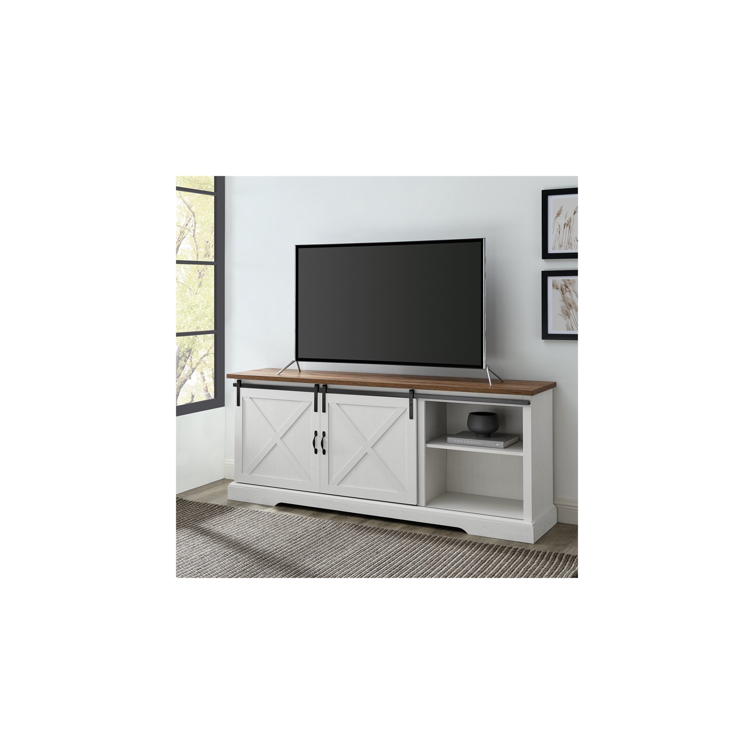 Pemberly Row 70" Sliding Barn Door TV Console in Reclaimed Barnwood