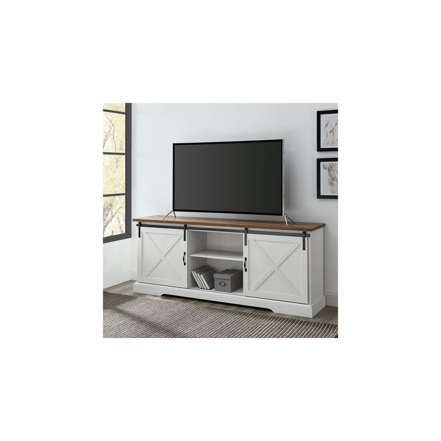 Pemberly Row 70" Sliding Barn Door TV Console in Reclaimed Barnwood