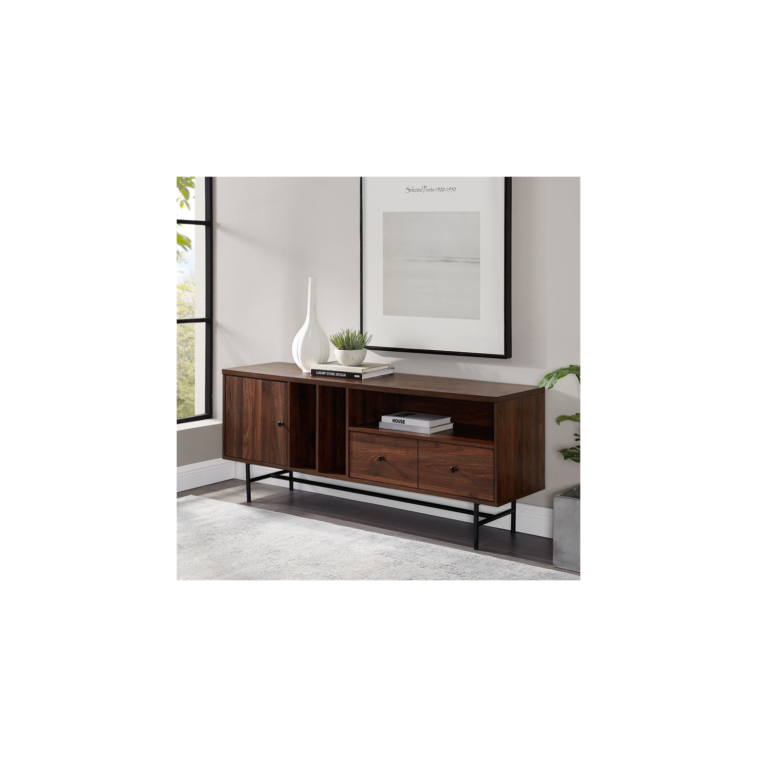Pemberly Row 60" Modern TV Console with Record Storage in Dark Walnut