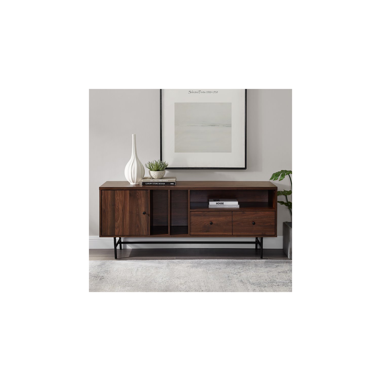 Pemberly Row 60" Modern TV Console with Record Storage in Dark Walnut