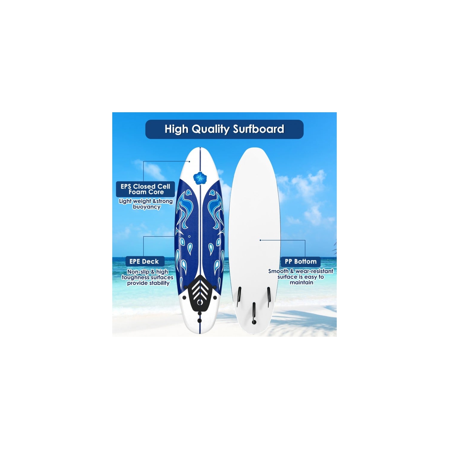 6 Feet Surfboard with 3 Detachable Fins