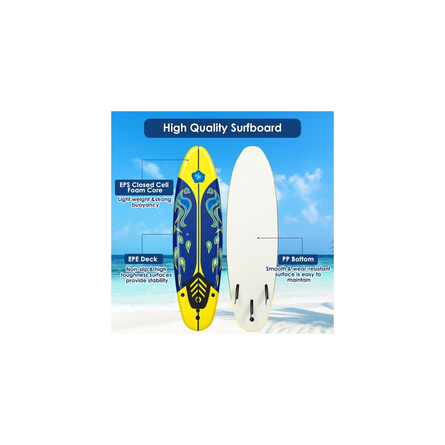 Planche de surf de 6 pi avec 3 ailettes amovibles