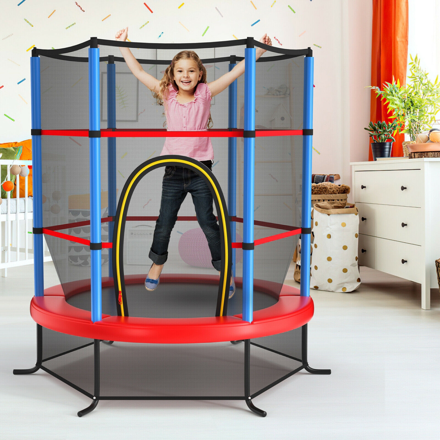 Tapis rebondissant de trampoline récréatif de 55 po pour enfants avec filet de protection, bleu marine