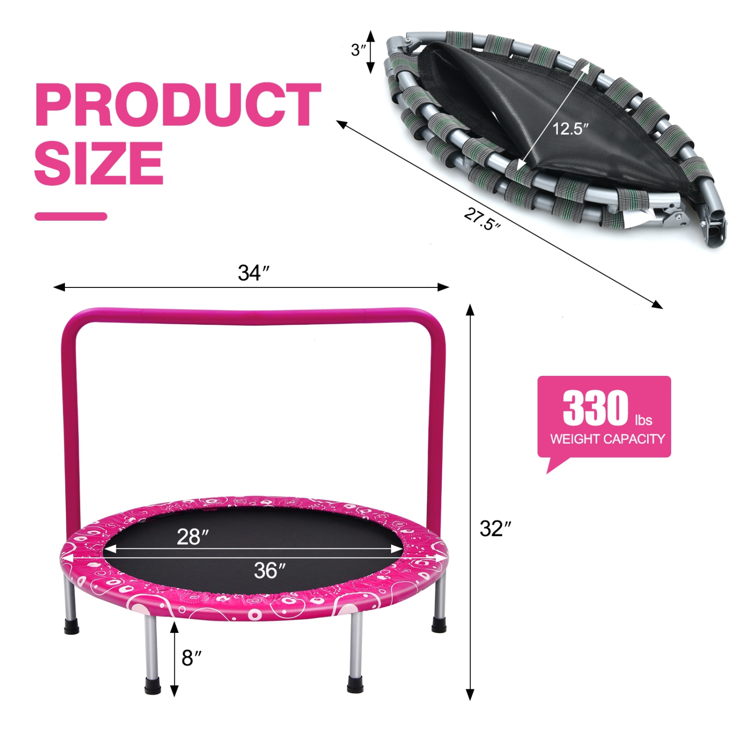 Mini trampoline de 36 po pour enfants avec rail de suspension entièrement couvert - Rose