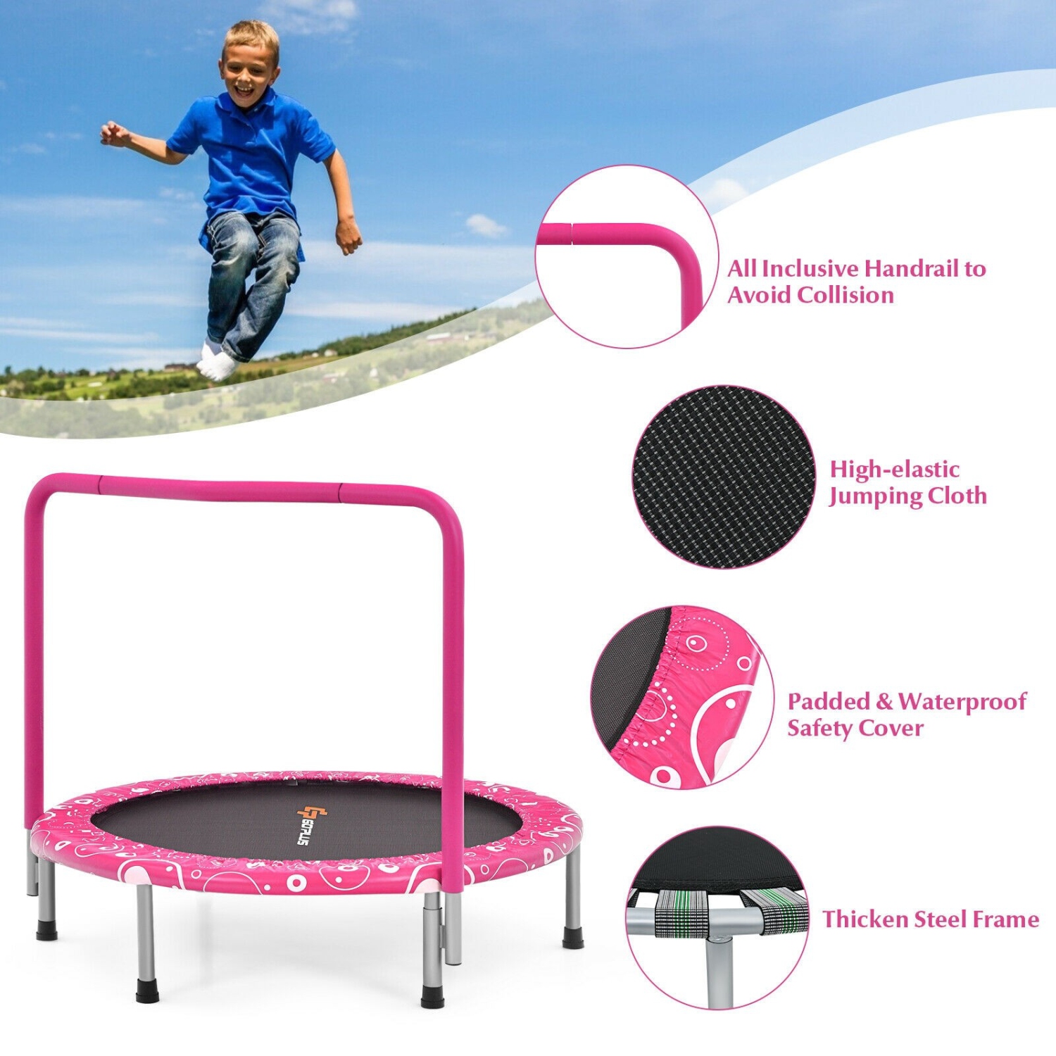 Mini trampoline de 36 po pour enfants avec rail de suspension entièrement couvert - Rose