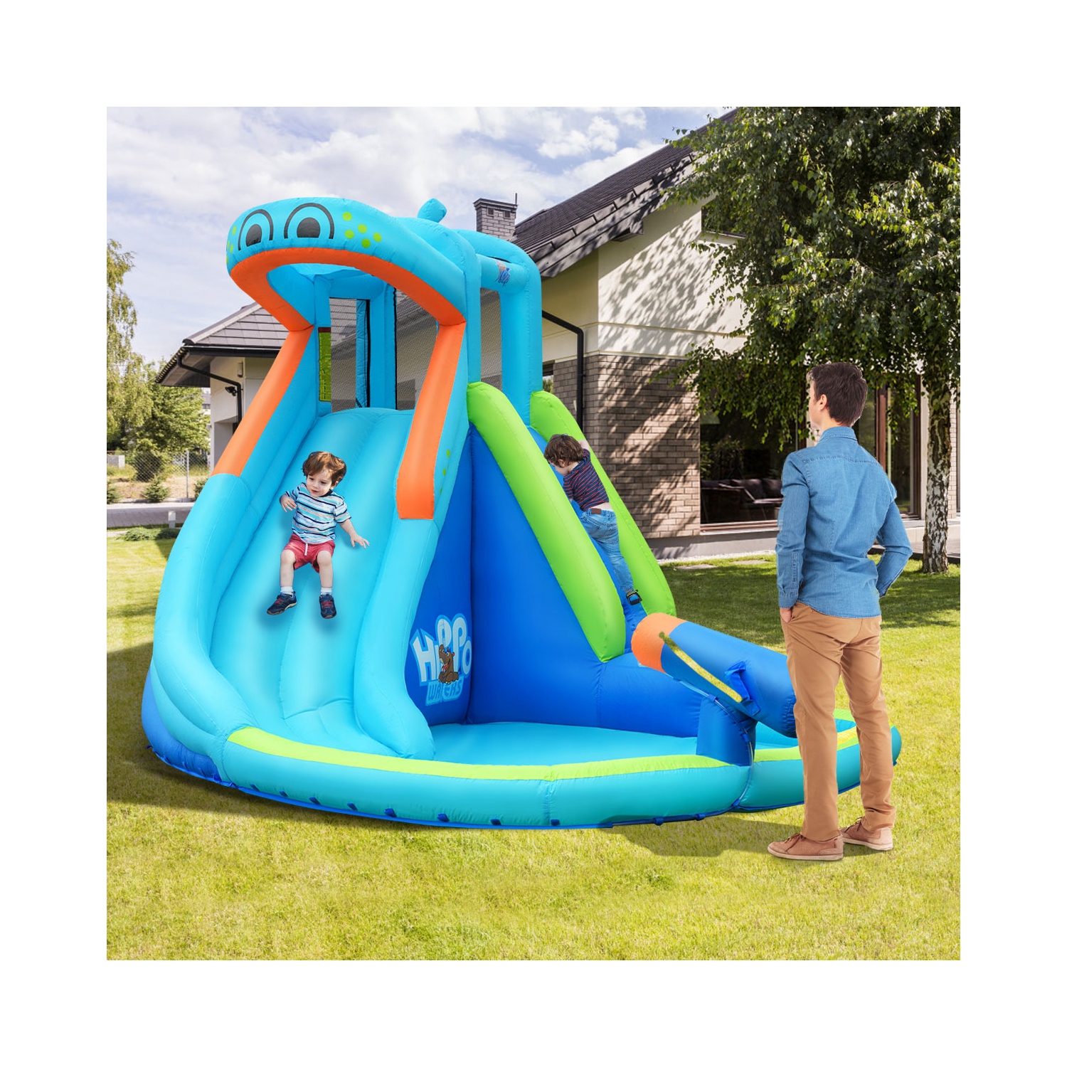 Inflatable Water Pool with Splash and Slide Without Blower