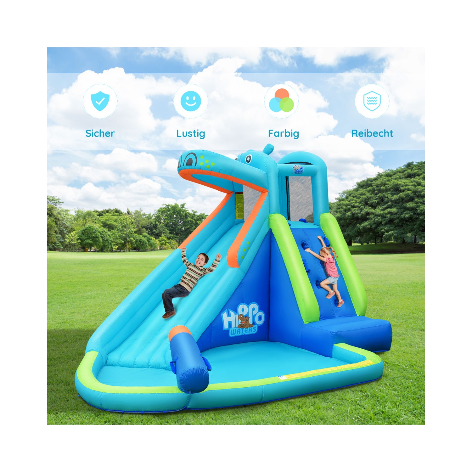 Inflatable Water Pool with Splash and Slide Without Blower