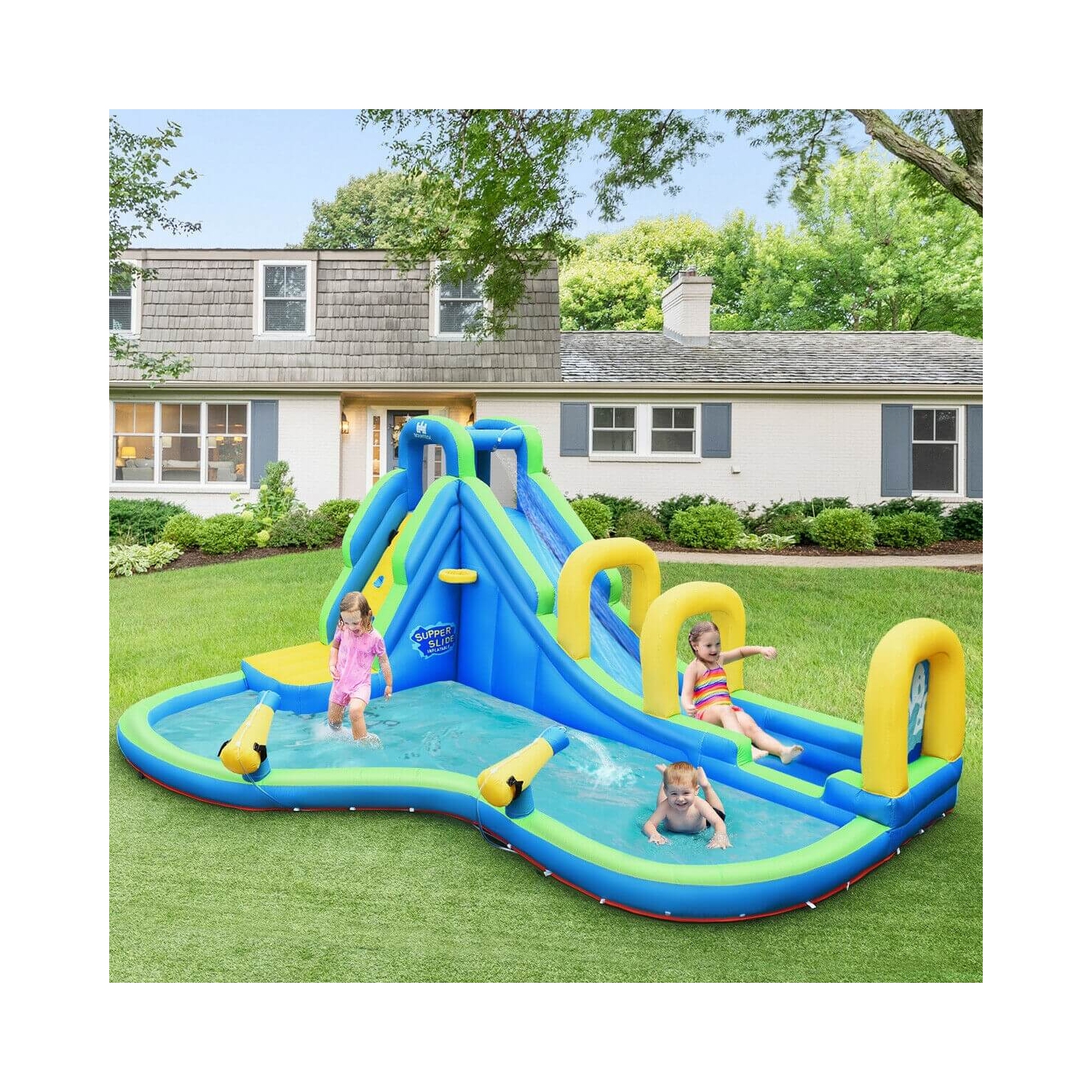 Glissade d'eau gonflable, enfants, maison rebondissante avec canons à eau et tuyau sans ventilateur
