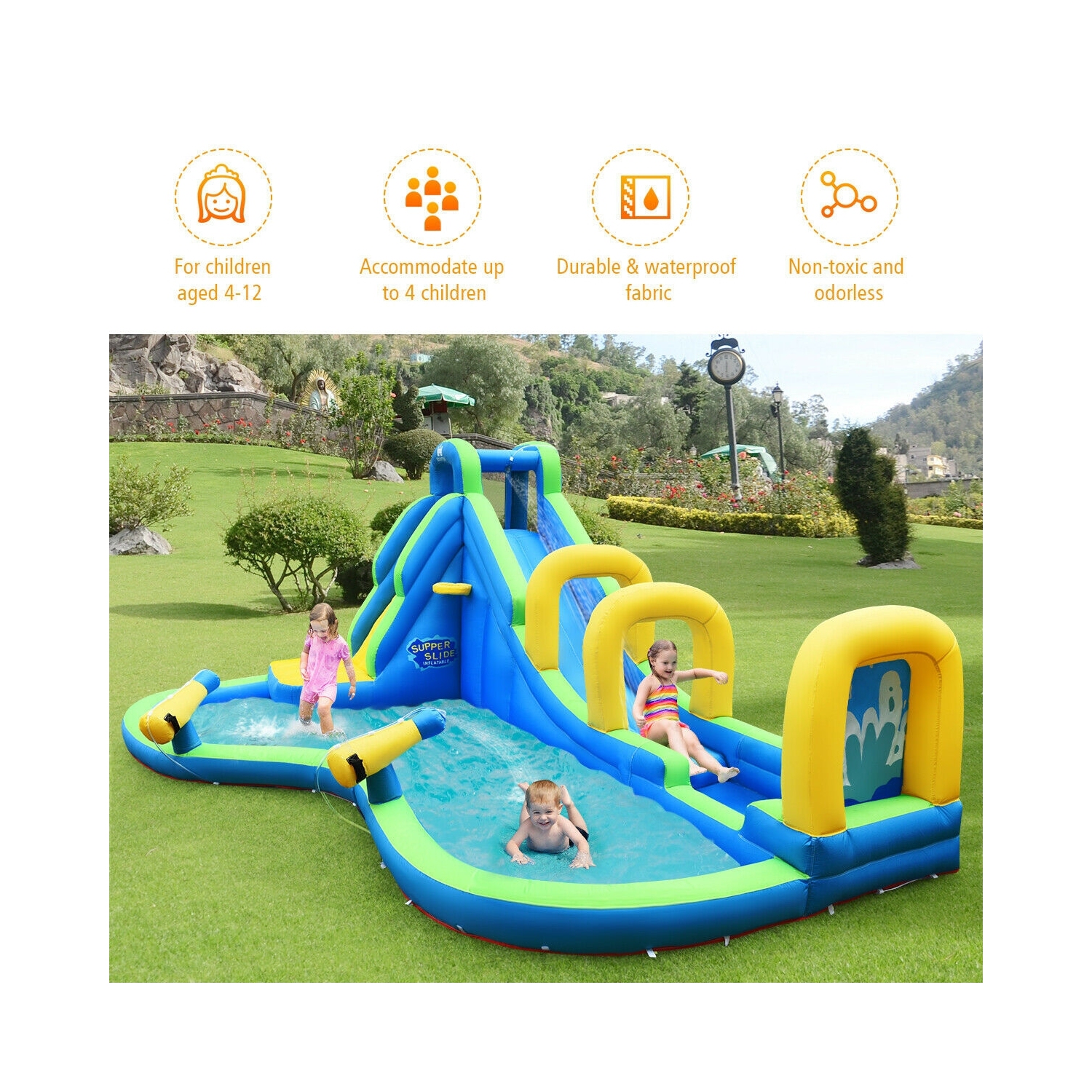 Glissade d'eau gonflable, enfants, maison rebondissante avec canons à eau et tuyau sans ventilateur