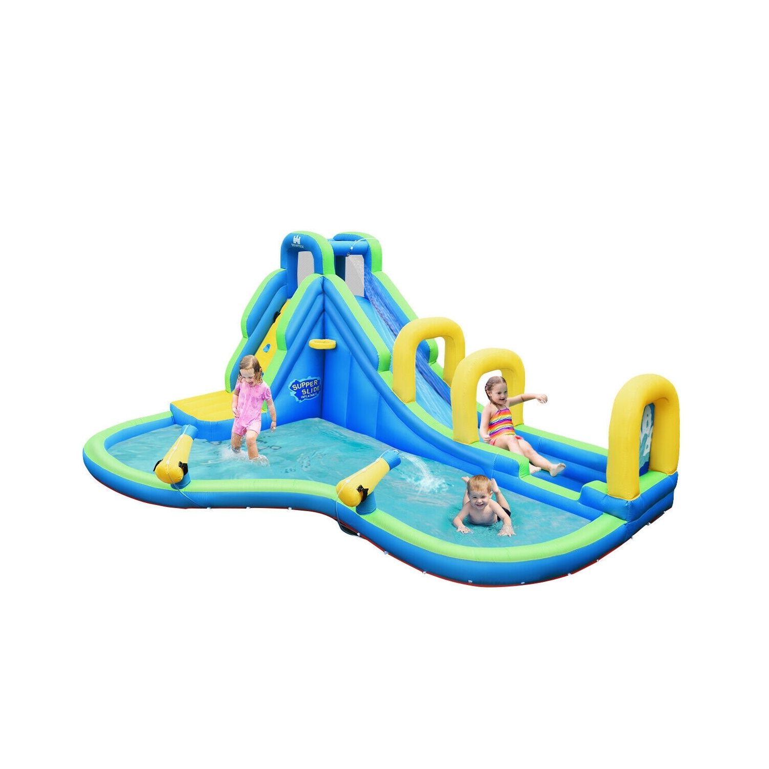 Glissade d'eau gonflable, enfants, maison rebondissante avec canons à eau et tuyau sans ventilateur