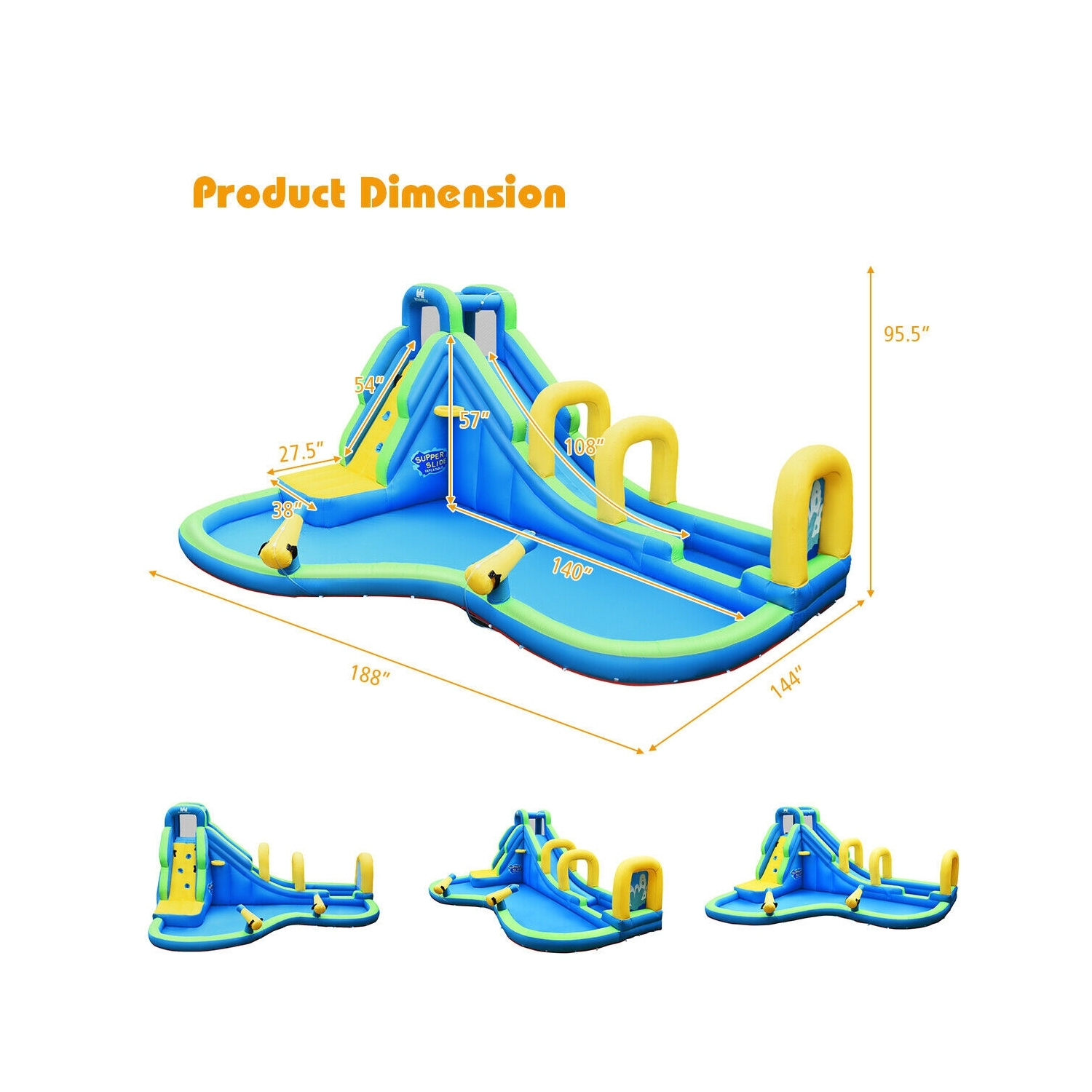 Glissade d'eau gonflable, enfants, maison rebondissante avec canons à eau et tuyau sans ventilateur