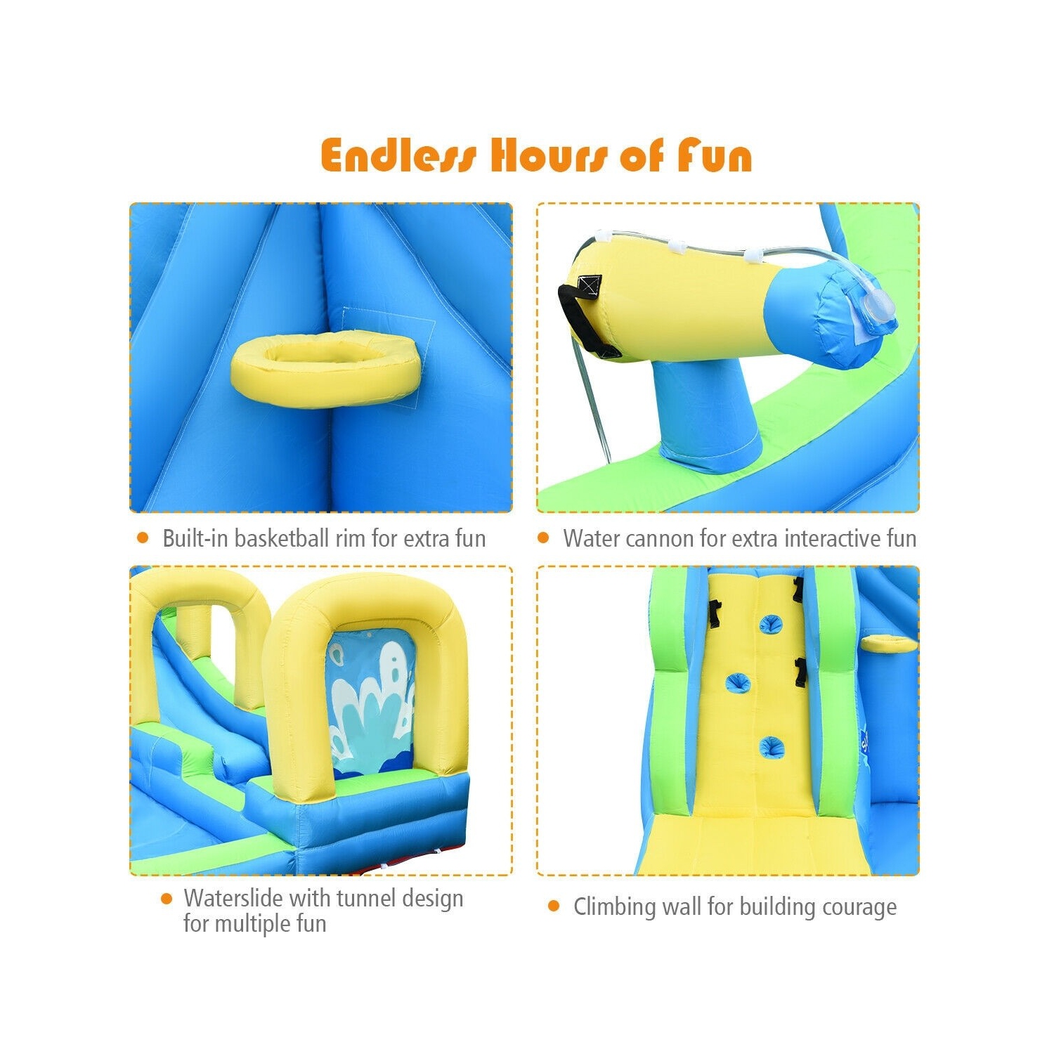 Glissade d'eau gonflable, enfants, maison rebondissante avec canons à eau et tuyau sans ventilateur