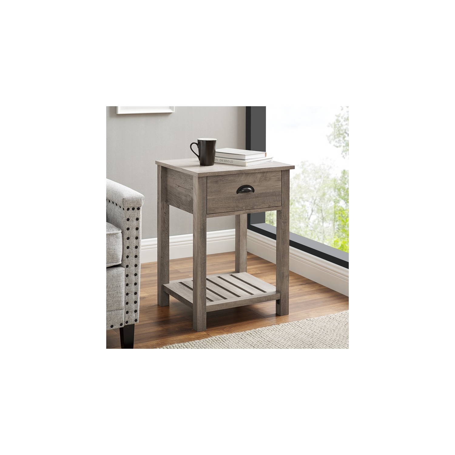 Pemberly Row 18" Country Single Drawer Bedroom Nightstand in Gray Wash