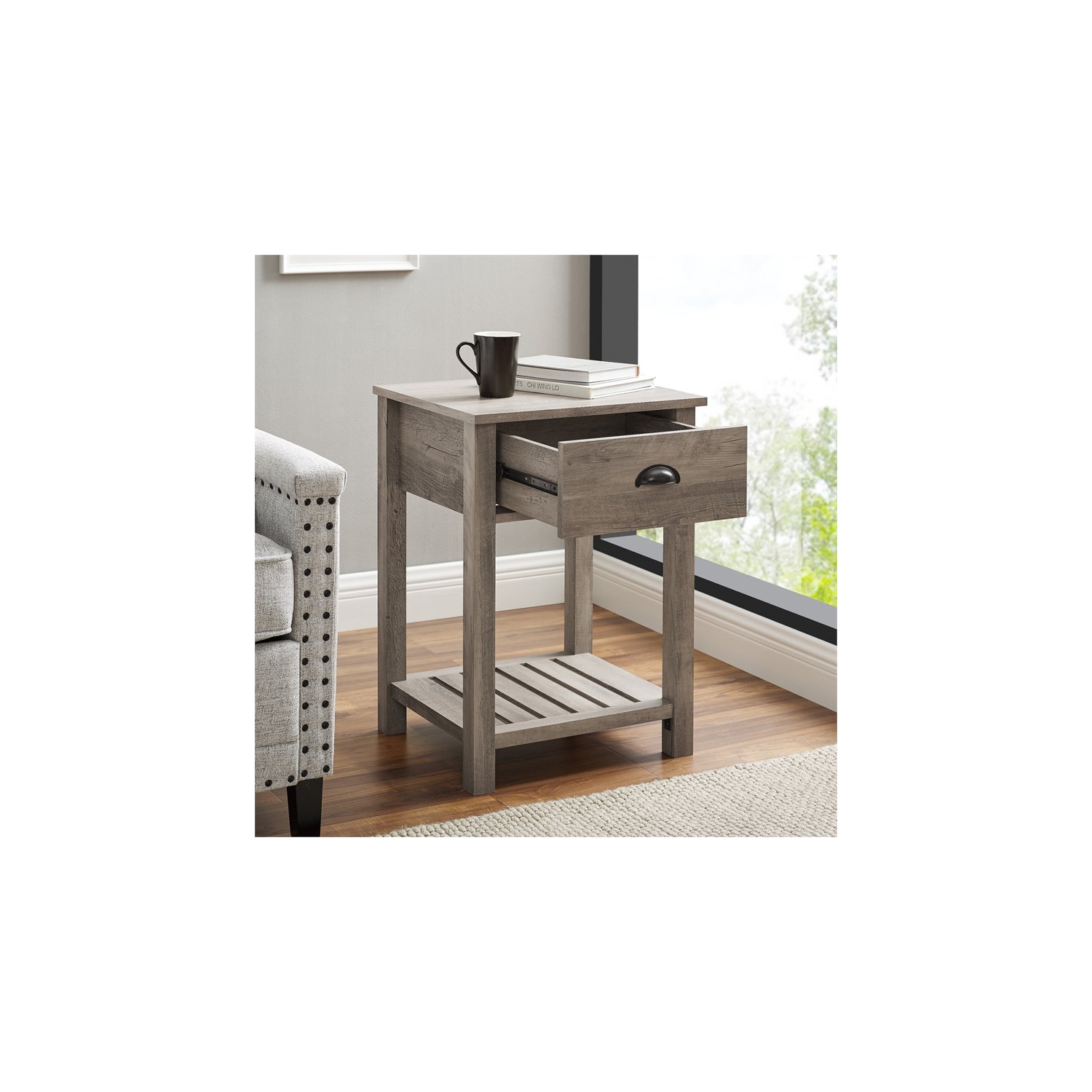 Pemberly Row 18" Country Single Drawer Bedroom Nightstand in Gray Wash