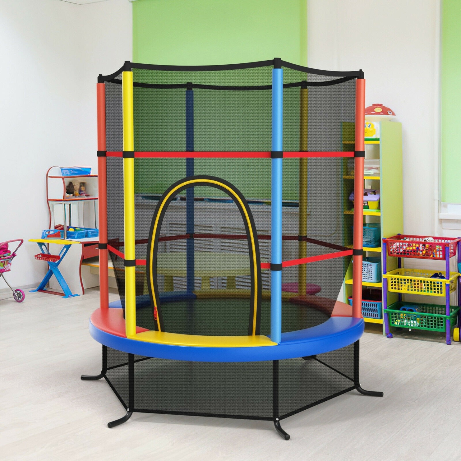 Tapis rebondissant de trampoline récréatif de 55 po pour enfants avec filet-jaune