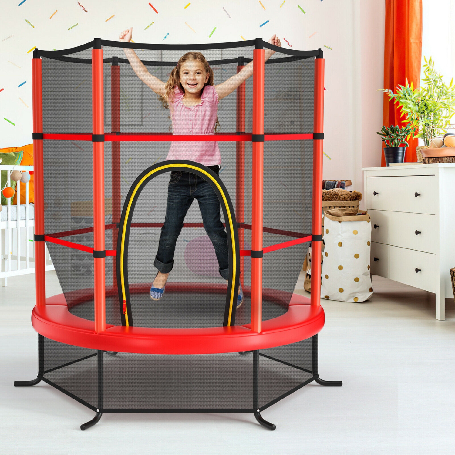 Tapis rebondissant de trampoline récréatif de 55 po pour enfants avec filet de protection, rouge