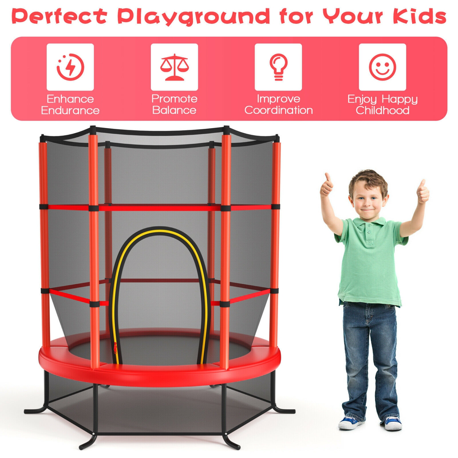 Tapis rebondissant de trampoline récréatif de 55 po pour enfants avec filet de protection, rouge