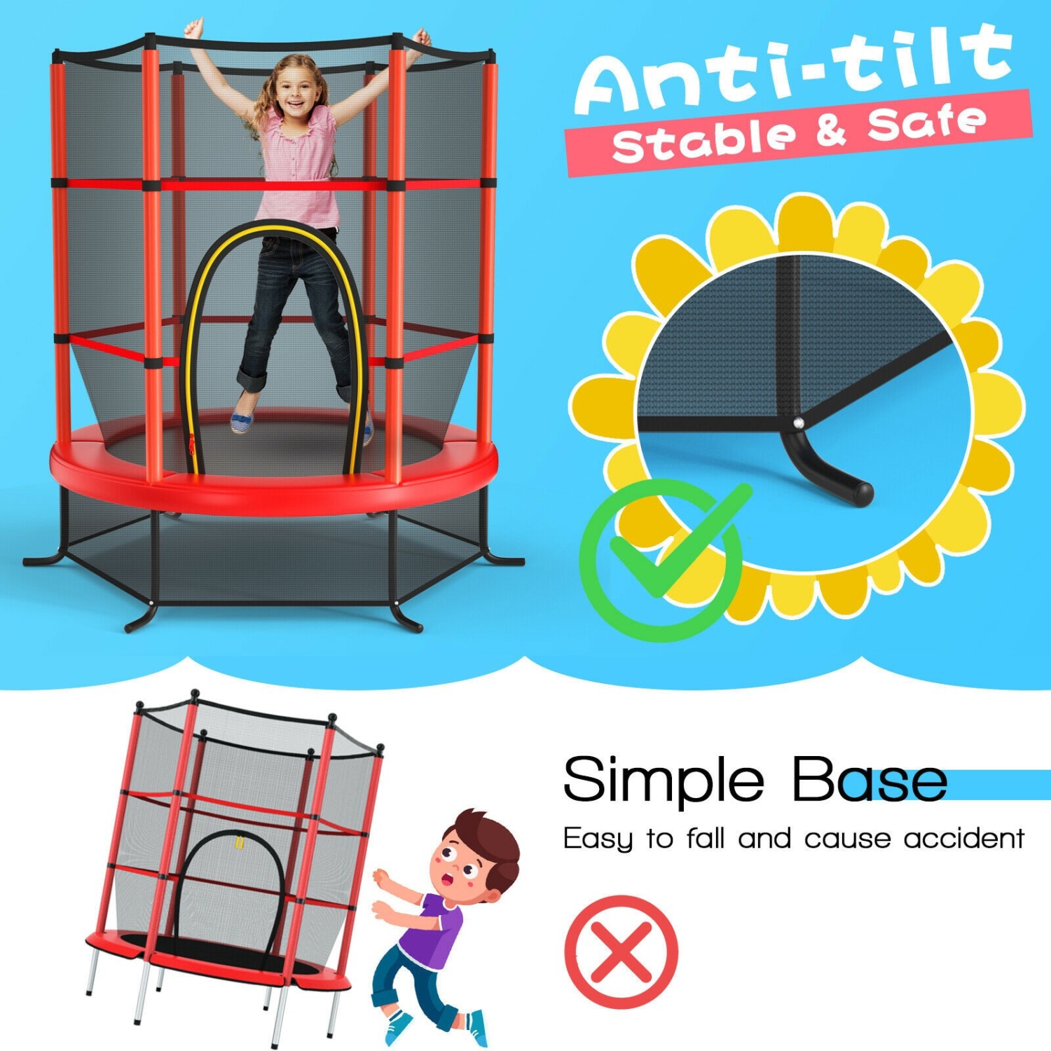 Tapis rebondissant de trampoline récréatif de 55 po pour enfants avec filet de protection, rouge