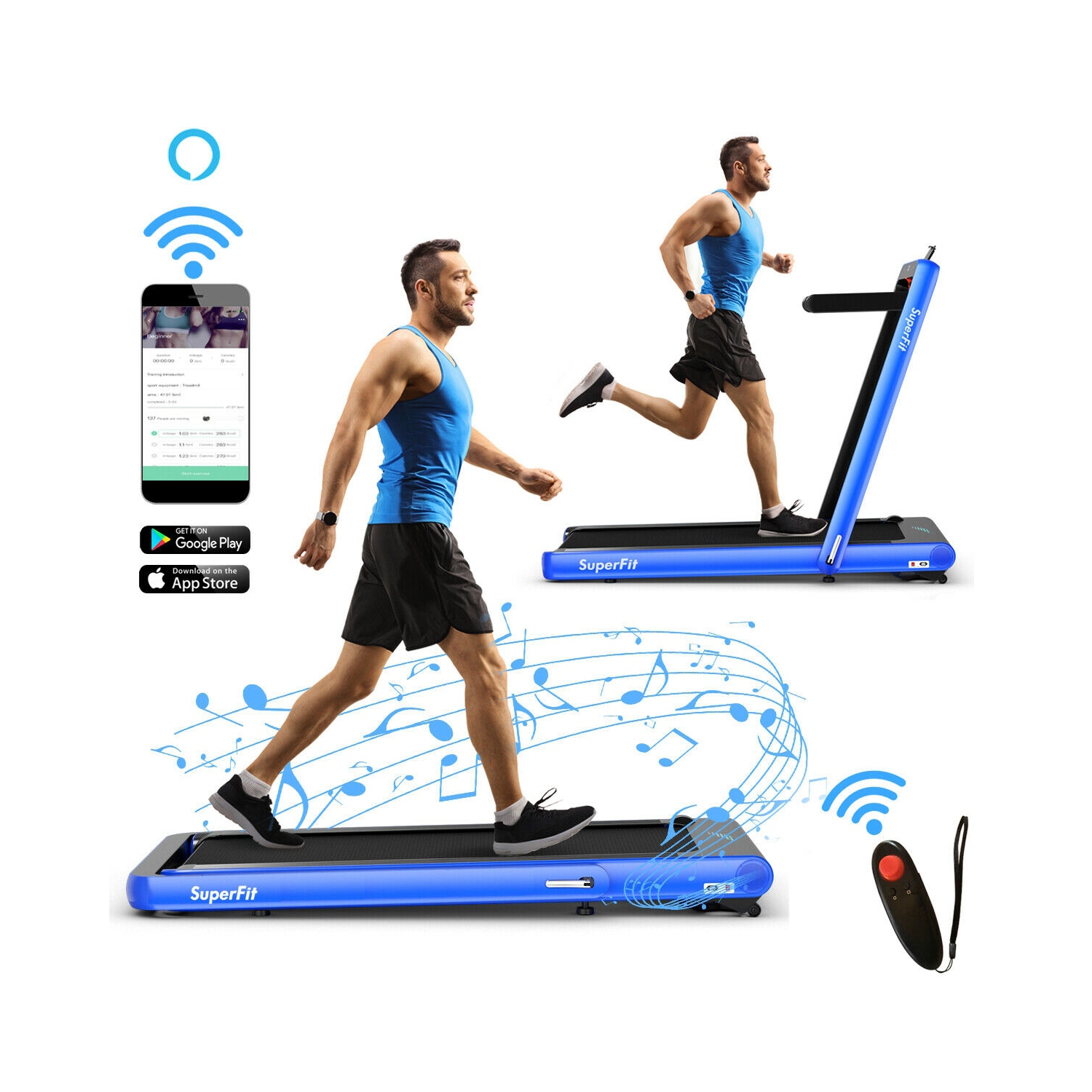 Tapis roulant repliable 2-en-1 de 4,75 HP avec télécommande ET contrôle PAR APPLICATION - Bleu marine