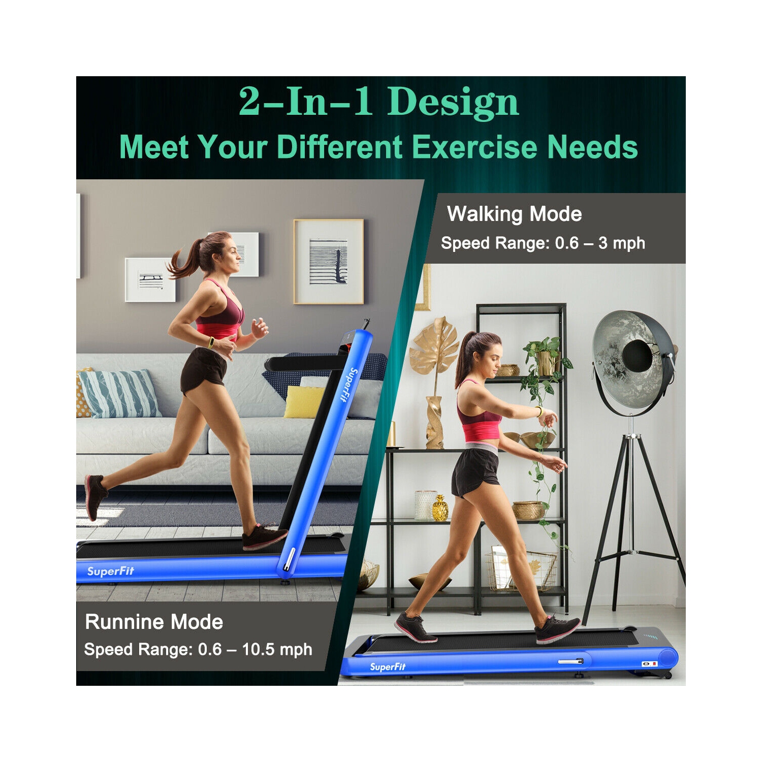 Tapis roulant repliable 2-en-1 de 4,75 HP avec télécommande ET contrôle PAR APPLICATION - Bleu marine