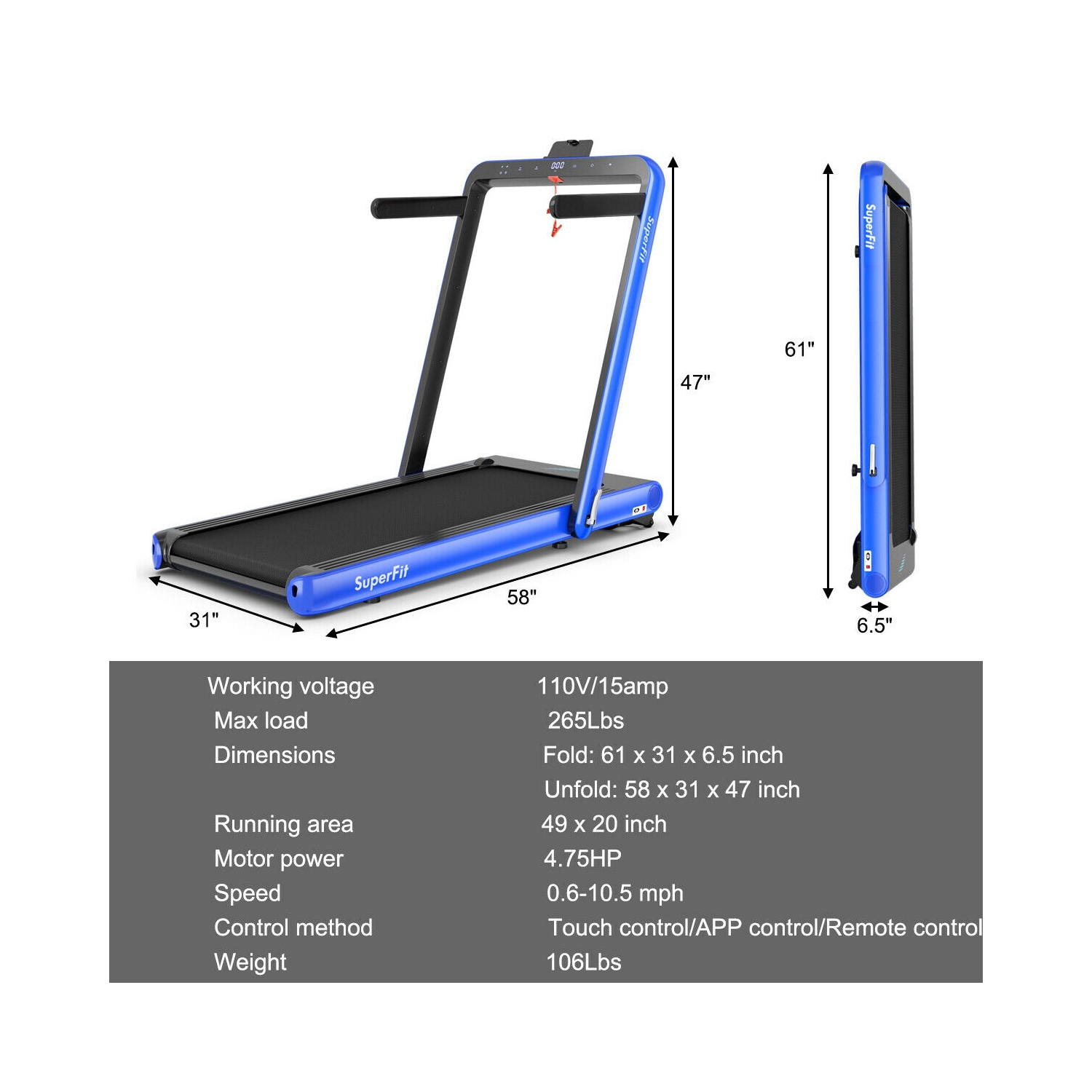 Tapis roulant repliable 2-en-1 de 4,75 HP avec télécommande ET contrôle PAR APPLICATION - Bleu marine