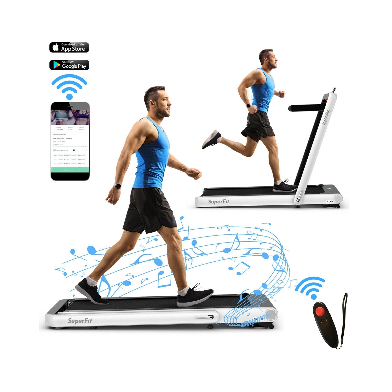 Tapis de Course Pliable 4.75HP 2 en 1 avec Contrôle APP à Distance - Blanc