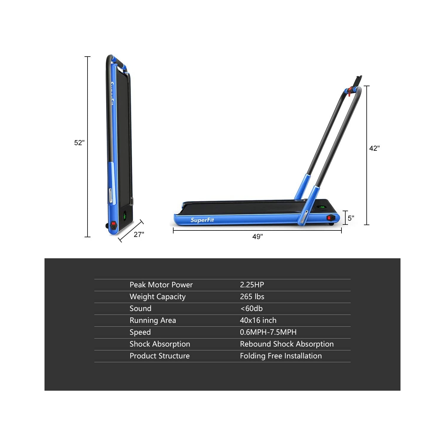 Tapis roulant repliable 2-en-1 de 2,25&nbsp;HP avec télécommande et écran LED