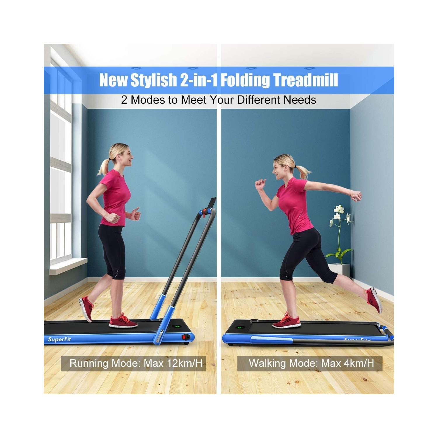 Tapis roulant repliable 2-en-1 de 2,25&nbsp;HP avec télécommande et écran LED