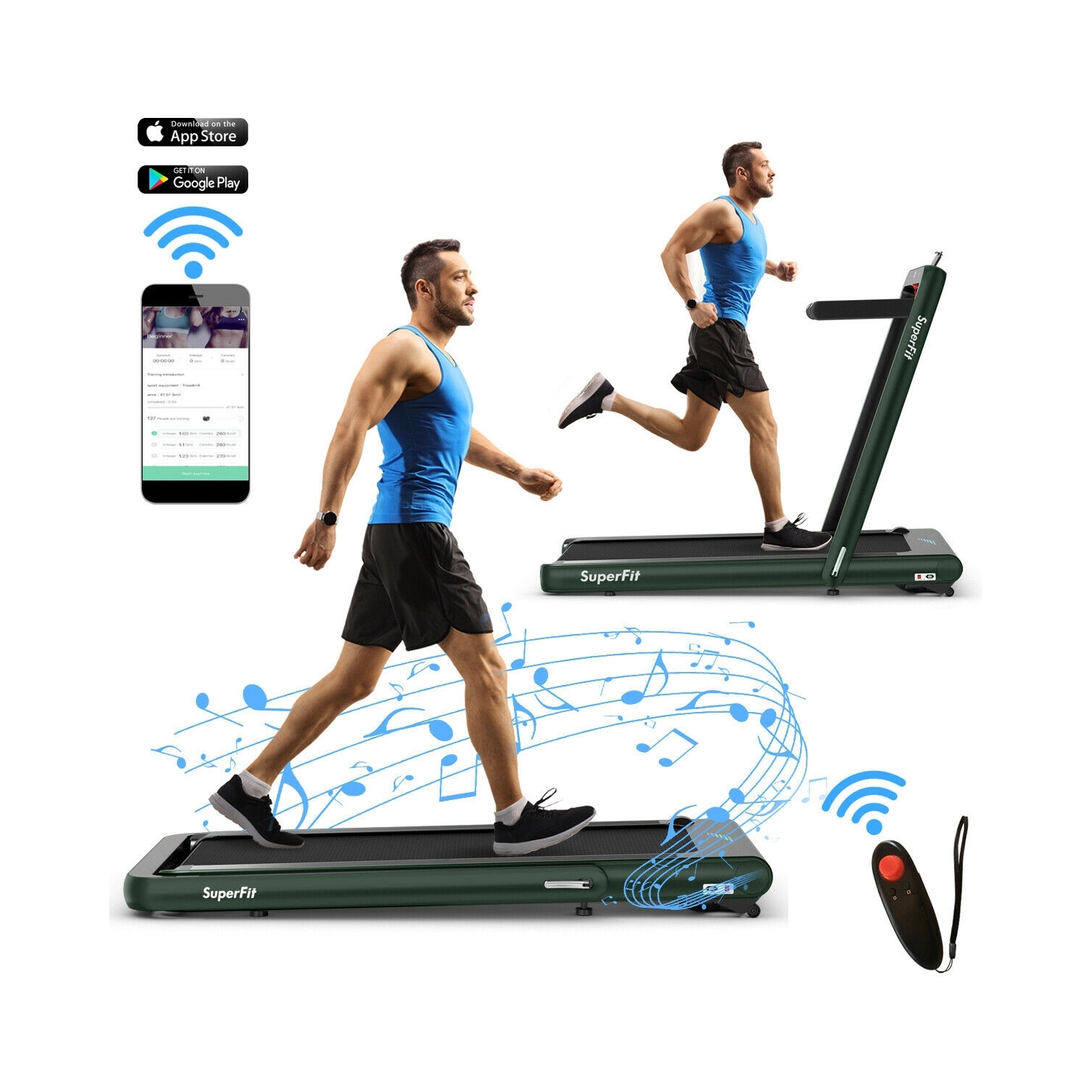 Tapis roulant repliable 2-en-1 de 4,75 HP avec commande à distance - Vert